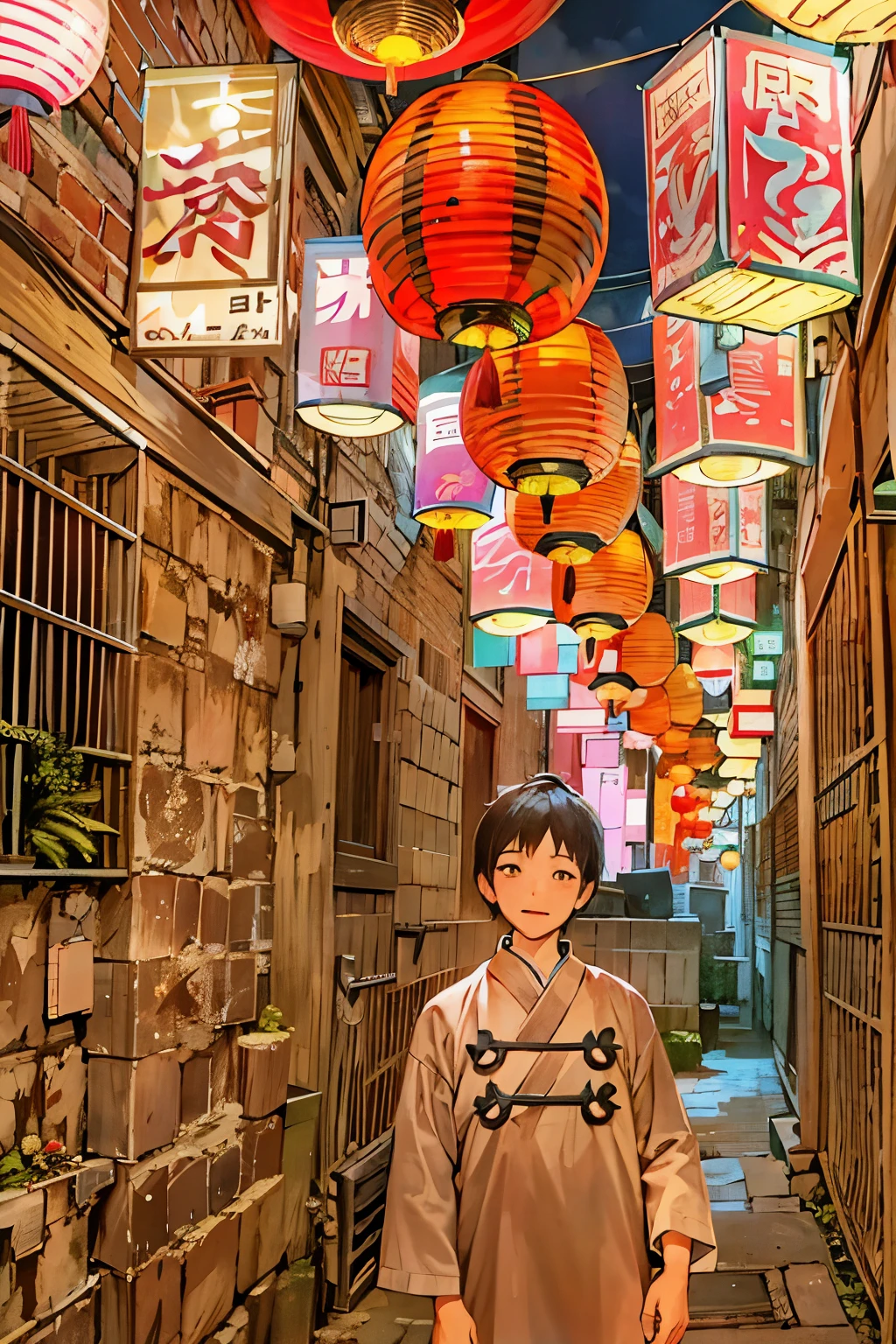 in narrow alley,Arafad man standing under a row of lanterns, In a narrow Chinese alley, streetlight are shining, in an alley, like jiufen, streetlight glow, Hang lanterns, red lantern, Inspired by Weiwei, Wear old street clothes, standing in an alleyway, Chinese lantern, with paper lanterns, streetlight