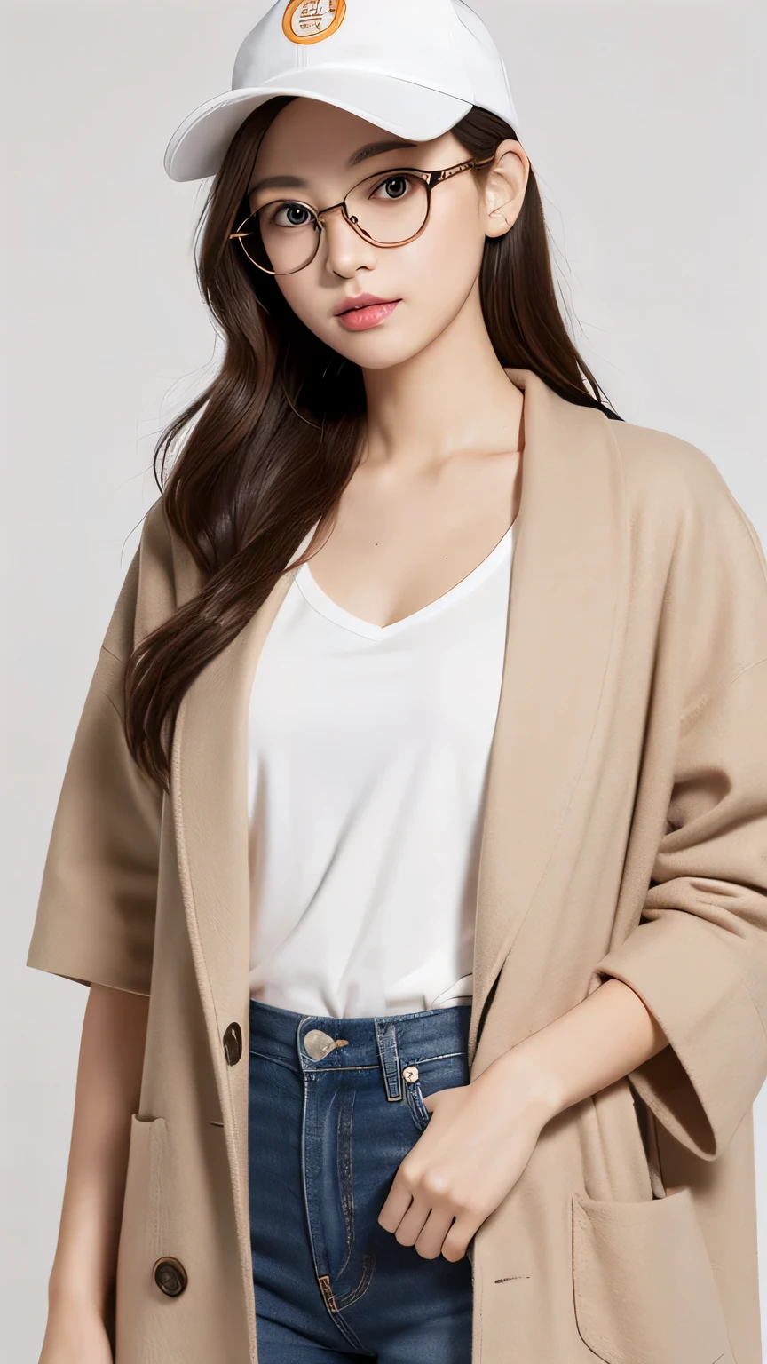 (highest quality, High resolution, masterpiece :1.3), beautiful adult woman, long term::2, ((pure white background)), (wear a white shirt, wearing a long orange coat, wear sneakers, Wear a hat, round glasses), (loose wavy gray bob hair), ((Accurately express details such as faces and skin textures)), take a pose, look away,