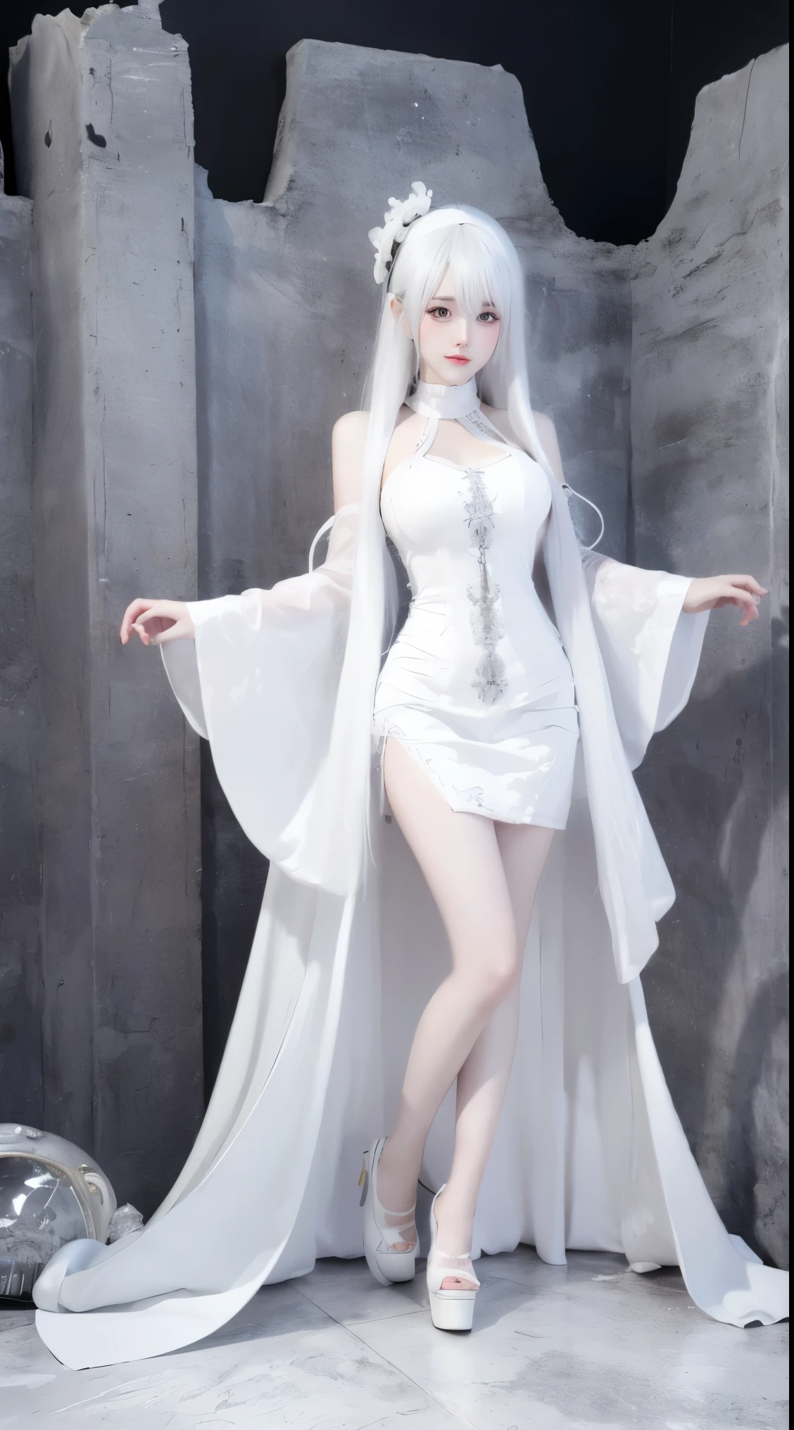 8k, surreal, masterpiece, best quality, super detailed, high resolution, random background, 1 girl, (:1.5), Yao Liu, white hair，whole body，white wedding dress，High heel，whole body，One meter eight，full stature，Do not expose private areas