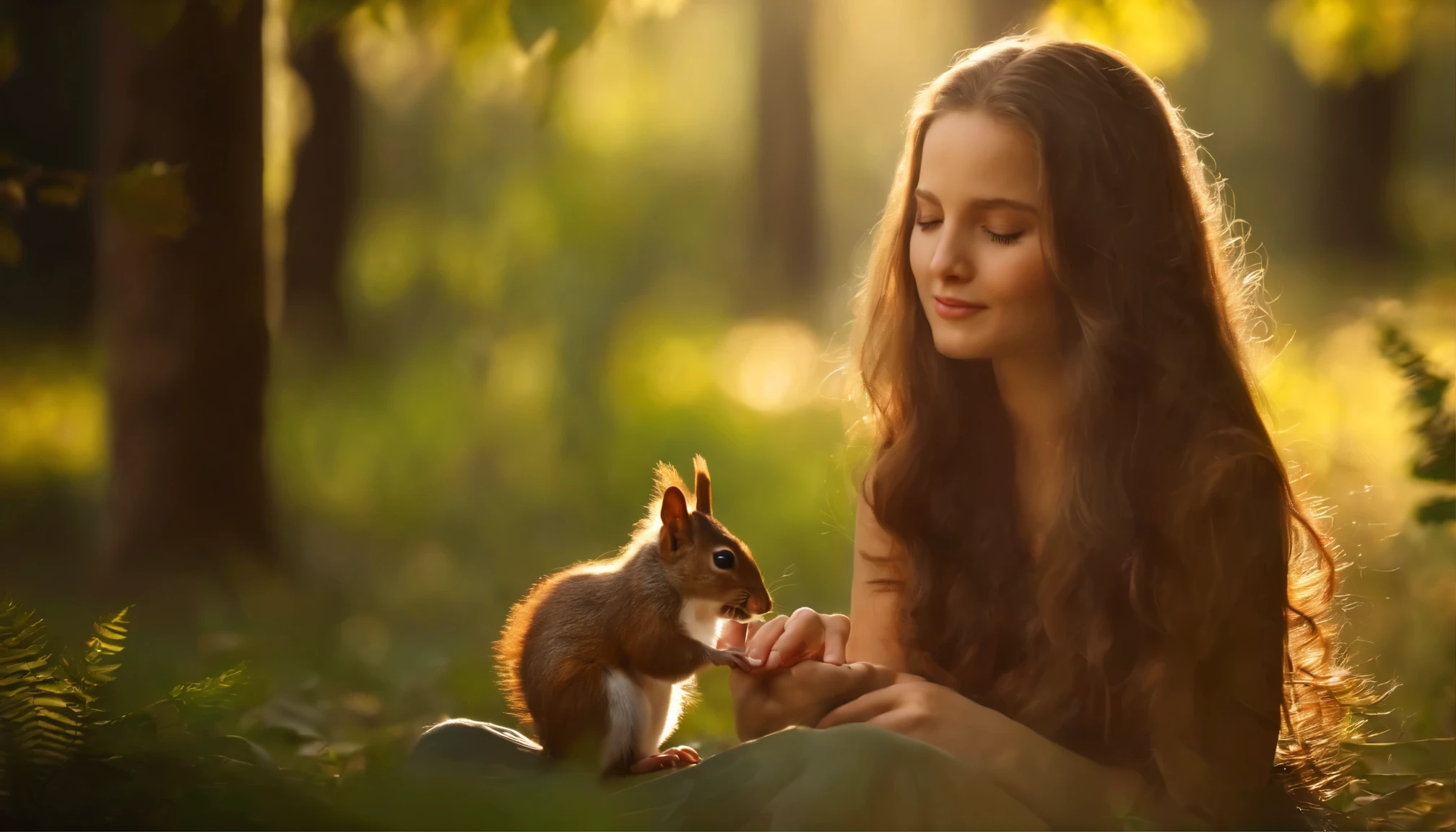 Cute girl with long brown hair sitting in the forest with eyes closed, Good interaction with little squirrels,sunlight shines through the leaves,quiet, peaceful, dreamy