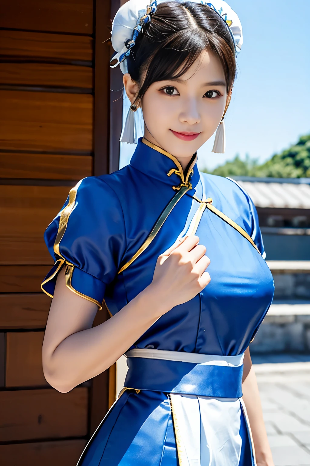 Chun-Li from Street Fight II,perfect chun li costume,Blue cheongsam with gold lines,Bun head,bun cover,fighting pose,masterpiece、1 beautiful girl、fine eyes、puffy eyes、highest quality, 超High resolution, (reality: 1.4), movie lighting、Japanese、asian beauty、Korean、super beautiful、beautiful skin、body facing forward、close up of face、(超reality的な)、(High resolution)、(8k)、(very detailed)、(美しくfine eyes)、(Super detailed)、 (wall-)、detailed face、bright lighting、professional lighting、looking at the viewer、look straight ahead、slanted bangs、Nogizaka Idol、korean idol、masterpiece, highest quality, masterpiece, highest quality, perfect face, perfect brown eyes with white sclera, bad move-5, alone, 1 girl, Upper body, brown hair, From SF2, Chinese service, smile, muscular woman, blue clothes, pantyhose, pelvic curtain, Puffy short sleeves, Good cover, sash, evaluation:safety