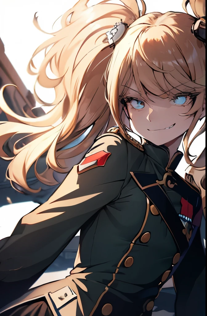 (masterpiece, best quality: 1.1), 1girl solo, tanya, 1girl, solo, , flat chest, small breasts, curvy, military, military uniform, ,, evil smile, wicked expression, anger, red eyes, neutral lighting