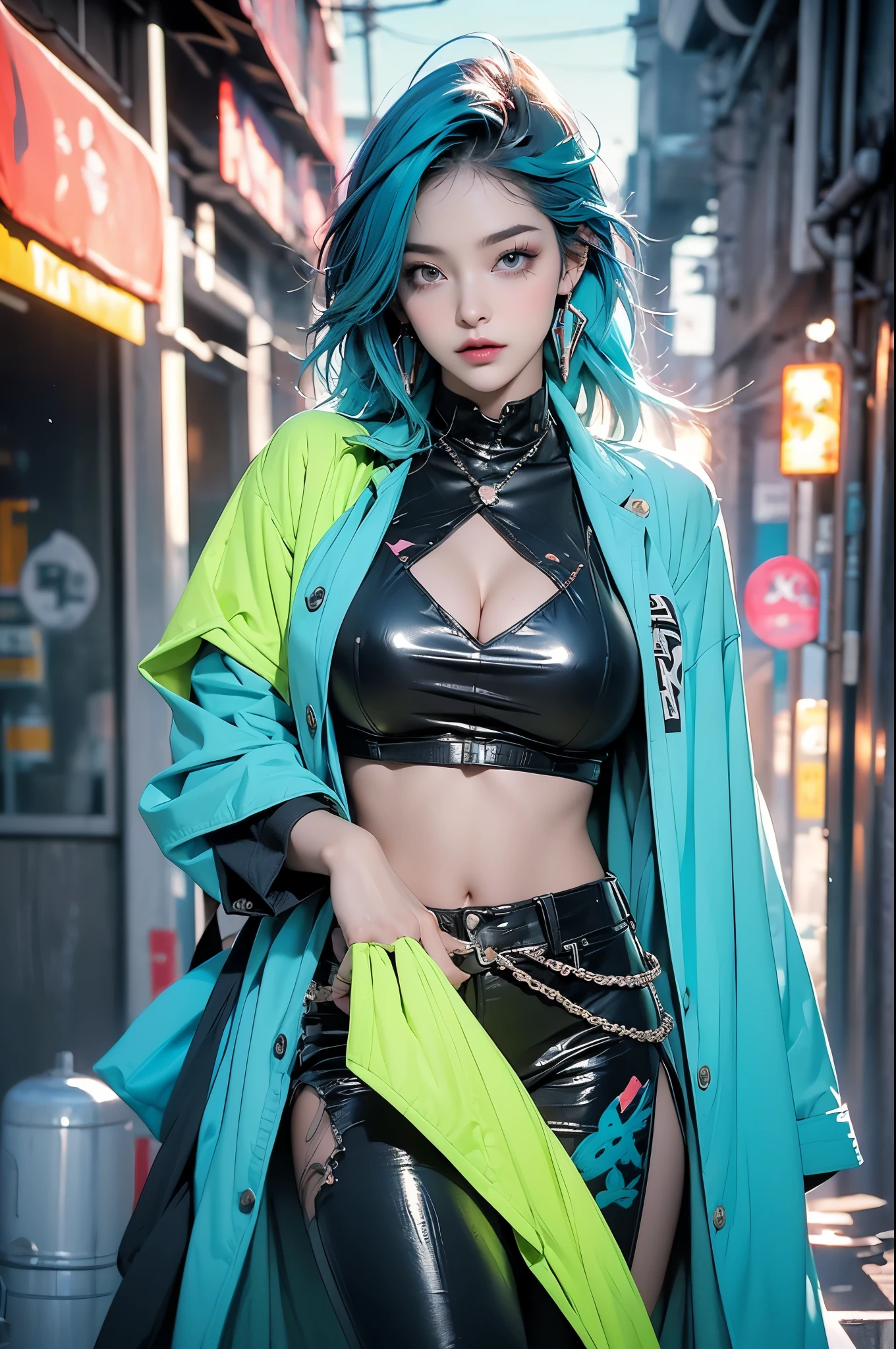 ((best quality)), ((masterpiece)), ((actual)) and ultra-detailed photography of a 1nerdy girl with goth and neon colors. she has ((turquoise hair)), Wearing a tech jacket，give off an atmosphere ((Beautiful and beautiful)), Sexy, Lower chest, hot，Naked trench (huge breasts:1.2),wet skin（（rogue））cool atmosphere，shiny skin，big breasts, big breasts, M cup