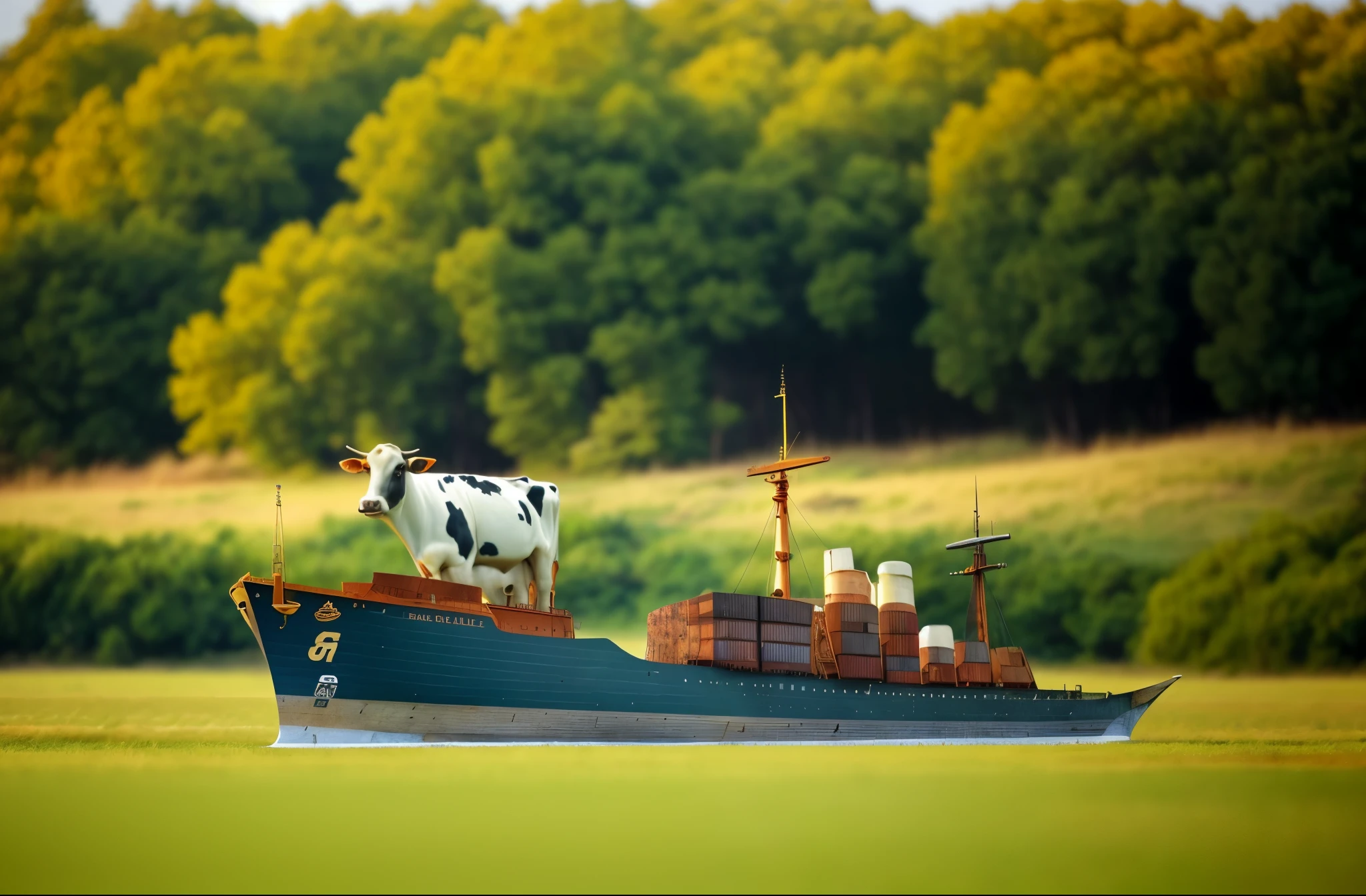 There is a big ship,There's a cow on it,Copper material,on the grass