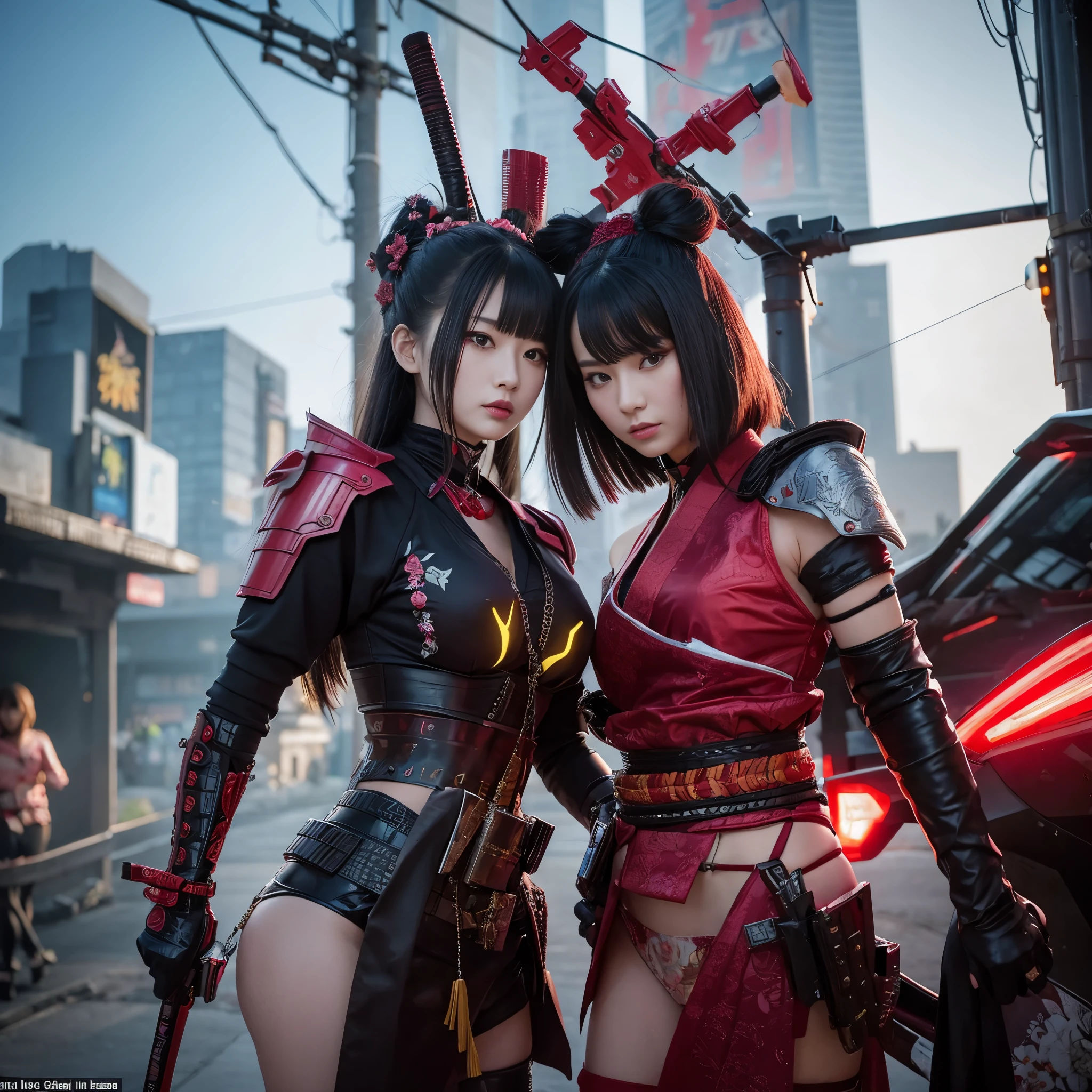Sexy female samurai warriors clad in their intricately designed armor, posing confidently amidst the blooming cherry blossom trees, their sharp swords reflecting the sunlight, their determined expressions exuding a sense of power and allure. (Realistic & detailed.) --ar 16:9 --v 5.1