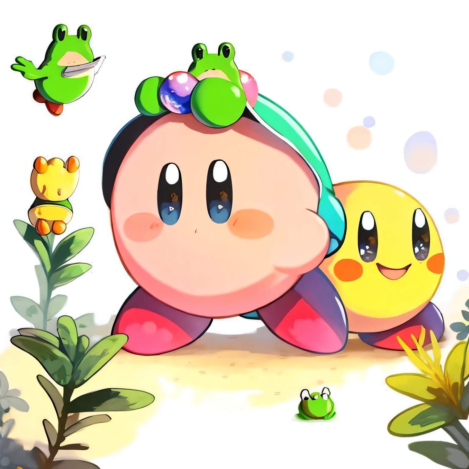 Kirby and frog playing together