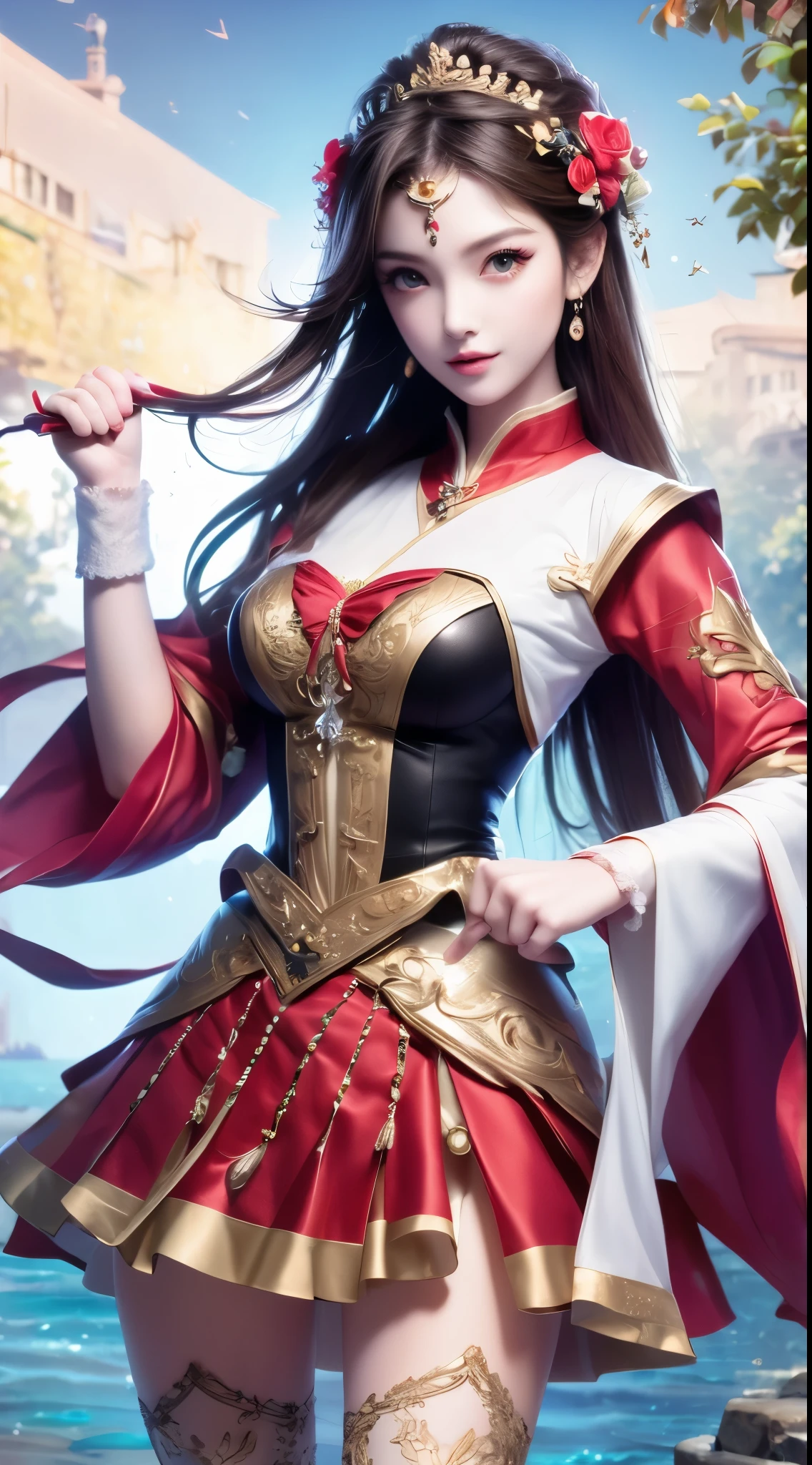 8K Ultra HD, Master brother, a girl, Good face, detailed, Eye, beautiful lips, Hair is very red, Spread your hair, medium breasts, Wedding dress, pink skirt, In the park, flying bird, luminescent, it's clear, sitting, whole body capture,