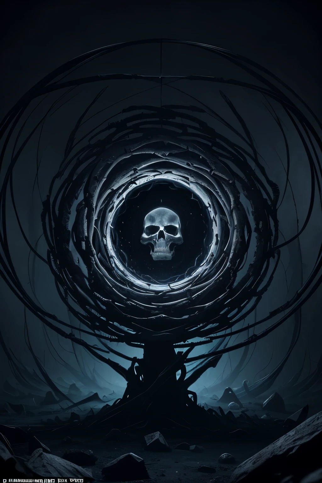 A terrifying image of a swirling vortex portal filled with menacing skulls, depicted in high-quality CGI. Dark, ominous colors dominate the scene, adding to the eerie and ominous atmosphere. Seemingly infinite in size, the portal's jagged edges are illuminated by a pulsating, otherworldly light. The skulls, with their hollow, empty eyes, spin and twist around the vortex, creating a mesmerizing yet unsettling effect. The intricate details of the skulls' bone structures are hyper-realistic, and the high contrast and sharp focus bring out each groove and crevice. This haunting masterpiece is sure to