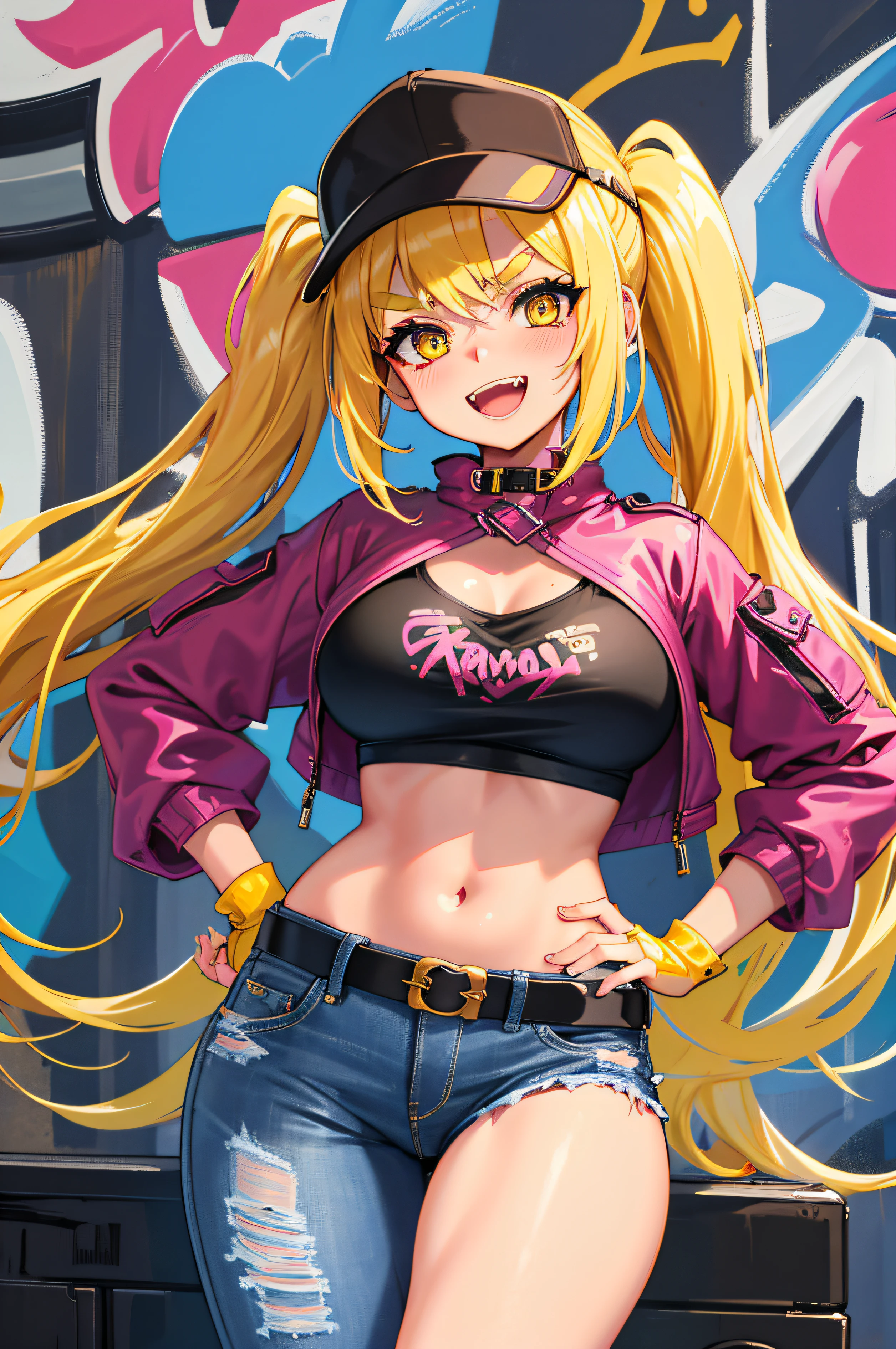 original characters, Volumetric lighting, Best shadows, shallow view deep, Stunning beautiful girl portrait, small, Delicate, beautiful and charming face and charming yellow eyes, Messy painted face, pointed eyebrows, A smile on his face, open mouth, fangs extended, cute medium breasts, Layered long double ponytail blonde, Blush Eyeshadow, thick eyelashes, apple jack hat, oversized trendy jacket, Mini underbust T-shirt, open navel, slim waist, jeans, buckle belt, in graffiti alley, waste container, Outside the stairs, The outdoor unit, Holding a spray paint can, Permanently installed, (best quality, stunning details:1.25), (alone:1.3), colorful paintings