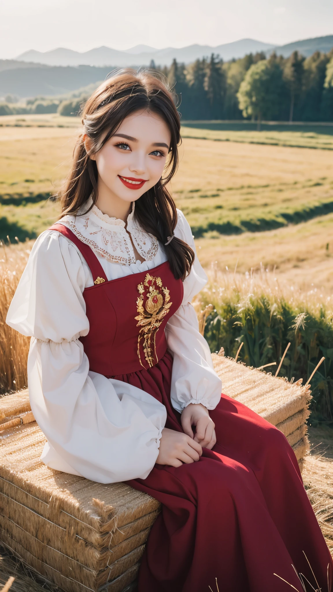 beautiful girl, russian makeup, russian girl, red lips, smiling, peasant outfit, sitting on a bundle of straw, field landscape,