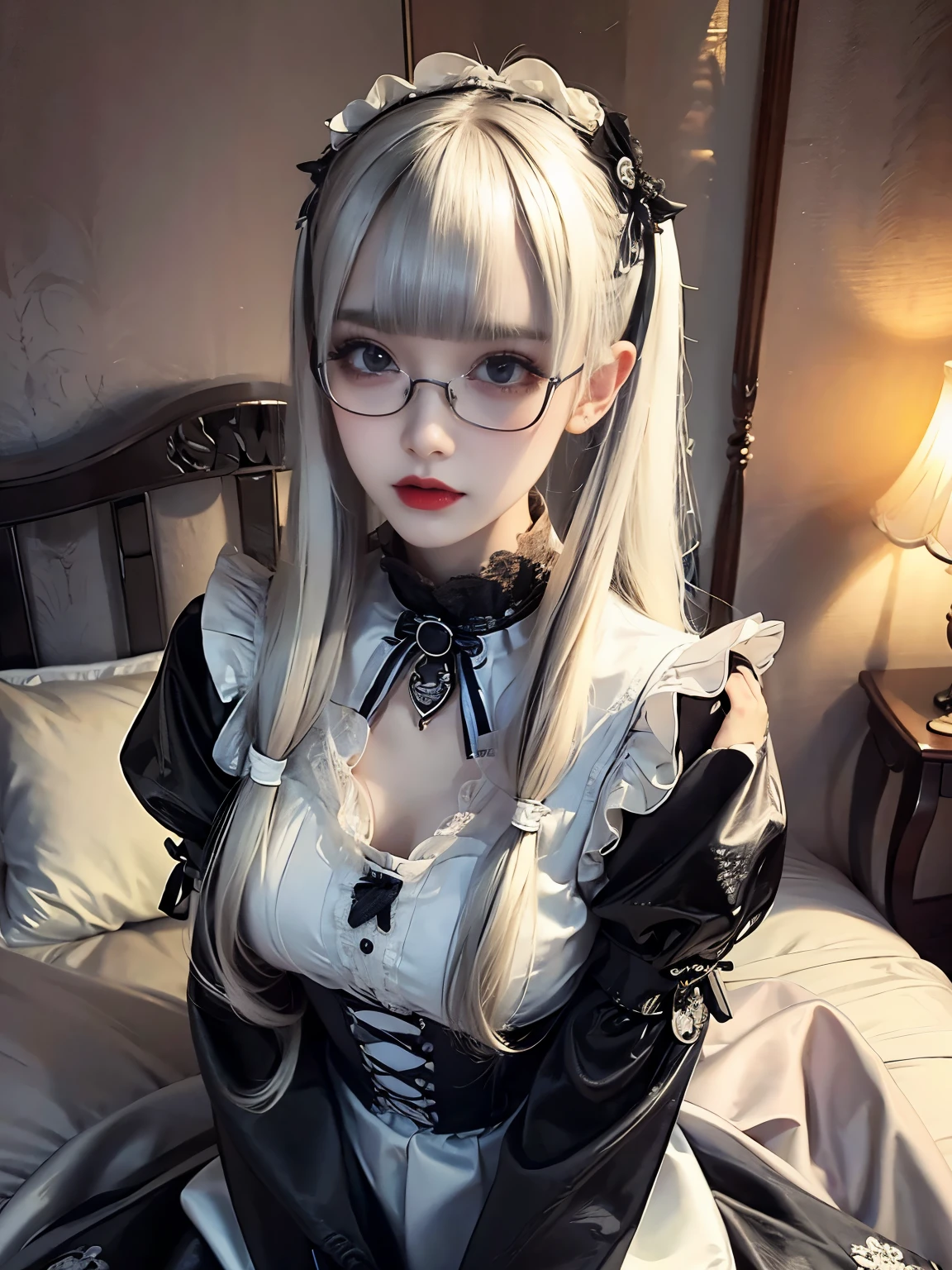 raw photo, 8k, (top-quality), Realistic, (real picture, Intricate details), (natural skin texture, detailed skin, hyper realism, sharpness), (Japanese glasses teenage girl, in luxury hotel at night, Suite Room), ((maid costume with black and white, lolita fashion, gothic fashion), (slender body, small breasts:1.5, pale skin:1.4), ((white hair, twintail hairstyle, blunt bangs)), (glasses provocative look, Parted lips:1.3, eye shadow:1.3, eyeliner, tear bag:1.3, red lips:1.2, undereye circle), thighs, night time, chandelier, golden decoration wall, king size bed, big window, night view, spot lighting