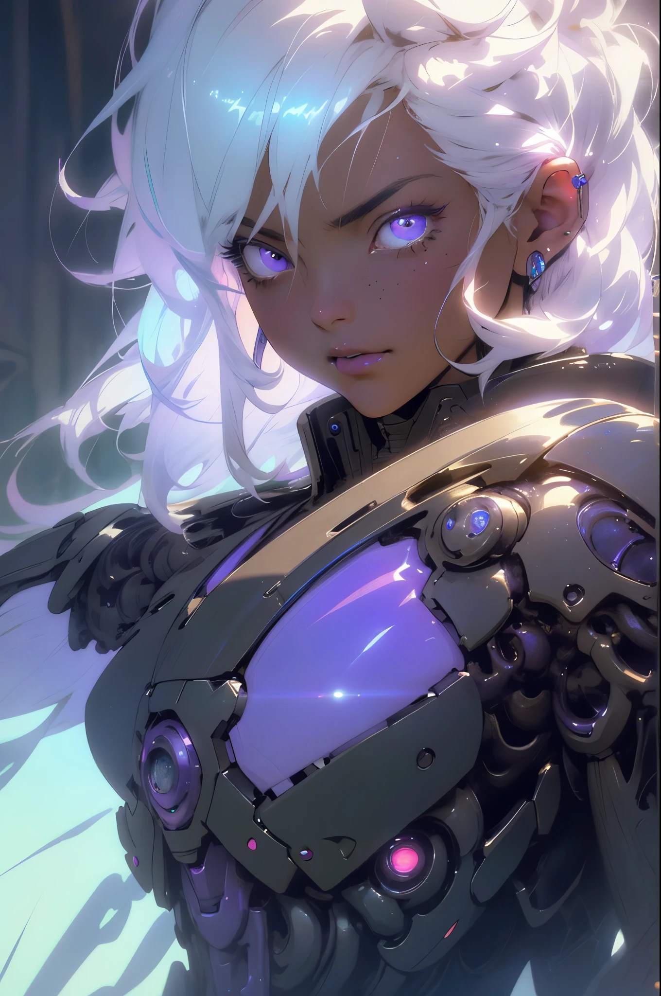 top quality、Masterpiece、ultra high resolution、(Realism:1.4)、original photo、battle angel、large wings made of metal、White porcelain body、Acrylic transparent cover、white hair、shiny skin、1 robot girl、((Super realistic details))、Potrat、global illumination、shadow、octane rendering、8k、Super sharp、character rim light,huge 、Bare raw skin at cleavage、Intricate jewelry details、Double Z Gundam details、Hydraulic cylinder、small LED light、Highly intricate details、realistic light、purple eyes、radiant eyes、face camera、Neon details、cowboy shooting、futuristic headwear、About cyberpunk、、