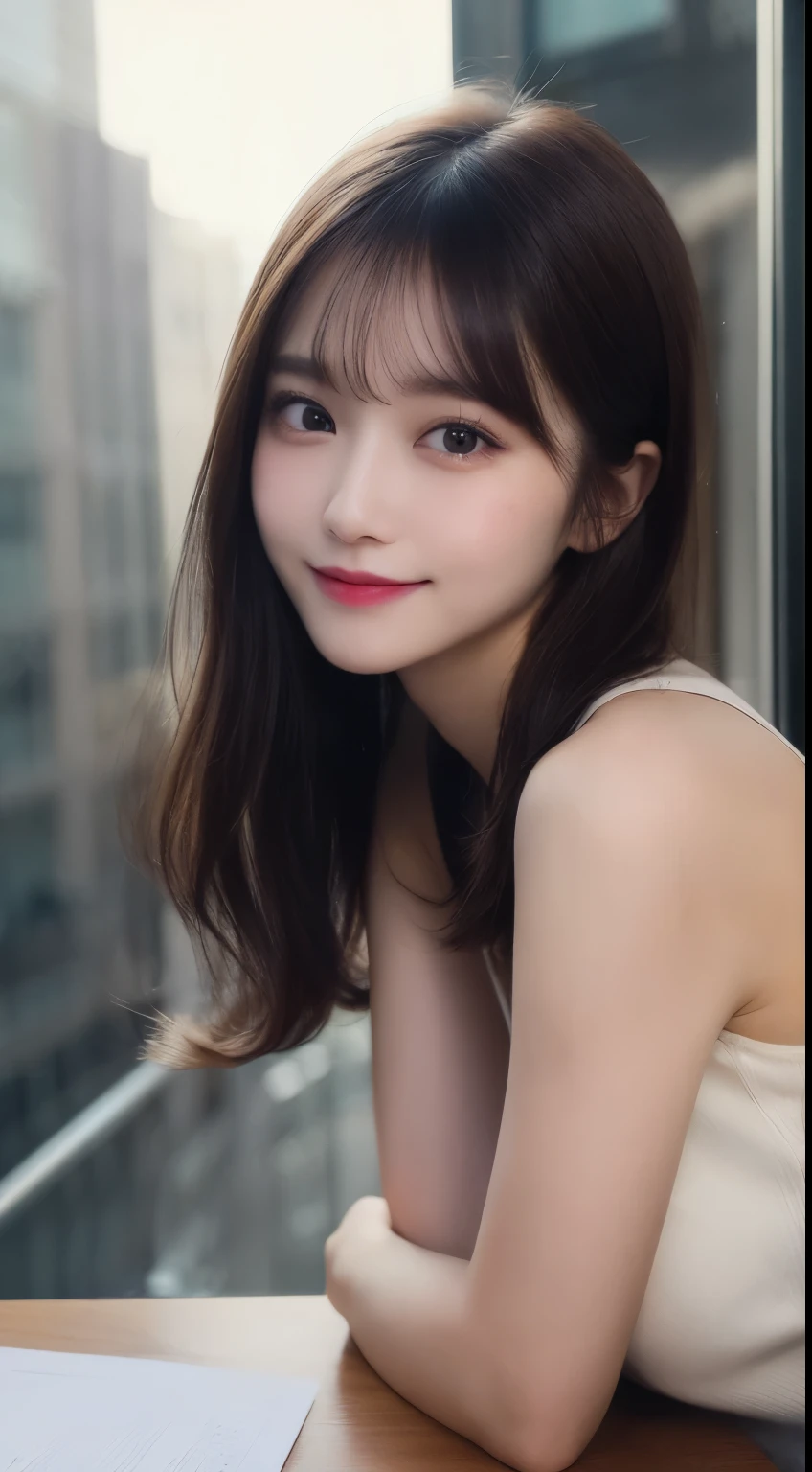 table top, highest quality, shape, Super detailed, finely, High resolution, 8k wallpaper, 完璧なダイナミックな構shape, beautiful and detailed eyes, winter dress,medium hair, small breasts, natural color lip, random sexy pose,smile,big city(skyscrapers)、20 year old girl、midnight、beautiful and detailed face、perfect and beautiful face,Big eyes、RAW photo、spread your arms and legs wide、A pose that expresses your best mood with your whole body、beautiful and detailed eyes、small face、beautiful duplex、slim face and style、real photos
