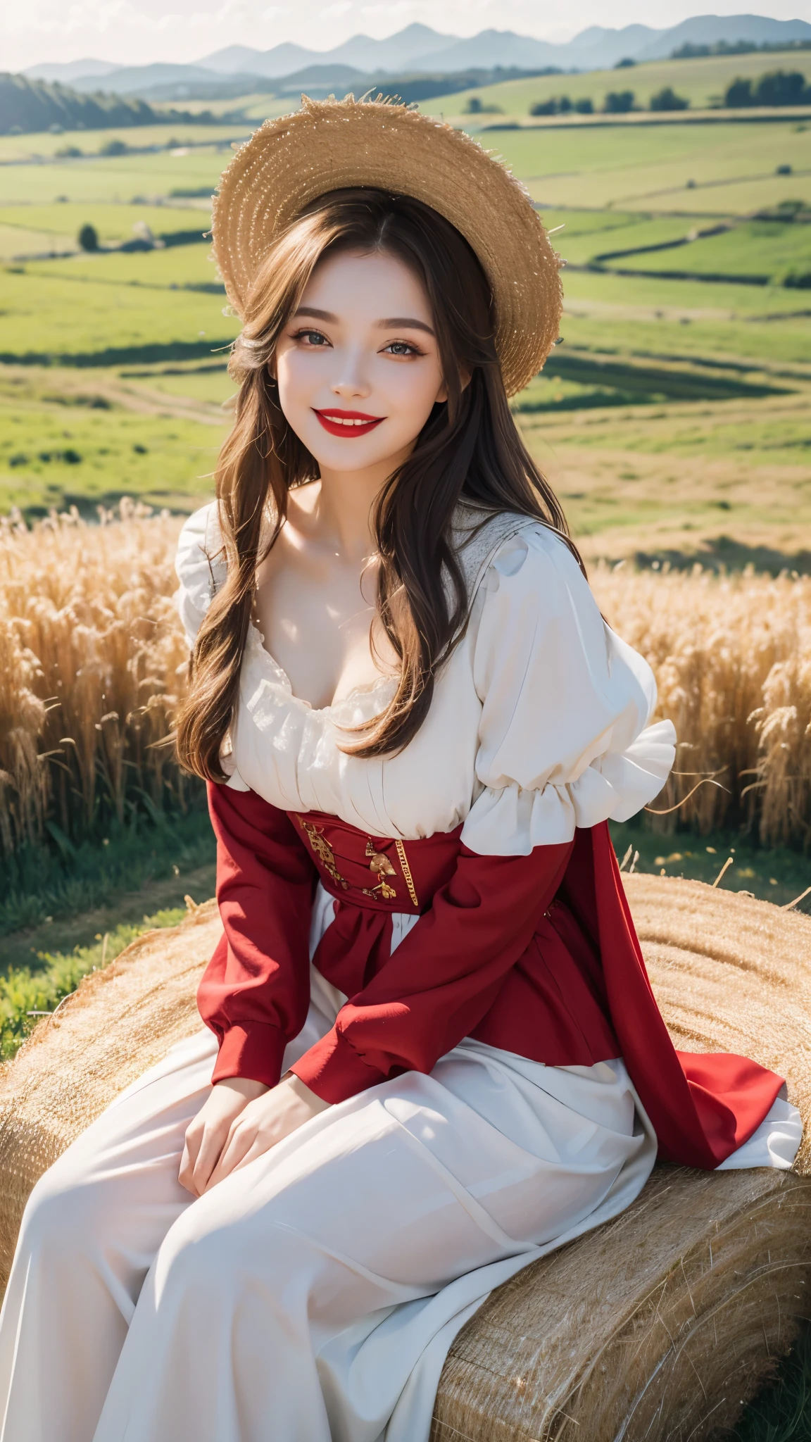beautiful girl, russian makeup, russian girl, red lips, smiling, peasant outfit, sitting on a bundle of straw, field landscape,