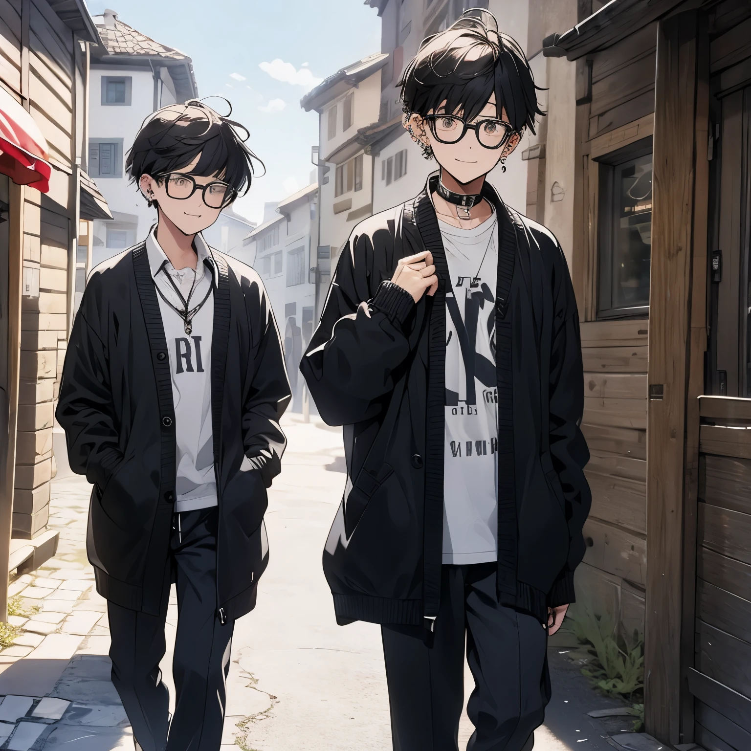 Boys have ear piercing wear glasses and black cardigan, in swiss village