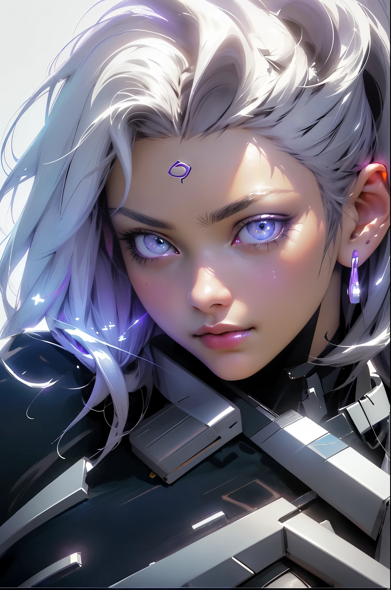 top quality、​Masterpiece、ultra high resolution、(Realism:1.4)、original photo、battle angel、large wings made of metal、White porcelain body、Acrylic transparent cover、white hair、shiny skin、1 robot girl、((Super realistic details))、Potrat、global illumination、shadow、octane rendering、8k、Super sharp、character rim light,huge 、Bare raw skin at cleavage、Intricate jewelry details、Double Z Gundam details、Hydraulic cylinder、small LED light、Highly intricate details、realistic light、purple eyes、radiant eyes、face camera、Neon details、cowboy shooting、futuristic headwear、About cyberpunk、、