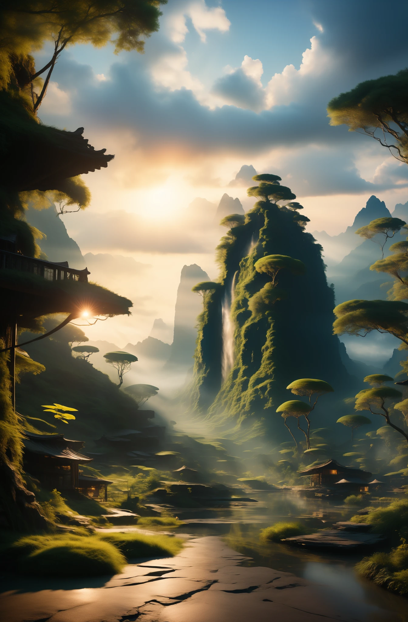 高度详细的stills, wide angle landscape shot, An otherworldly dark fantasy jungle world,village, biology, (dense vegetation), (mountains:1.1), (divine light:0.4), dense alien jungle, toned body, (Very detailed, Super detailed, complex), (lens flare:0.4), (bloom:0.5), particle effect, light, (柔和的light:0.6), prominent projected shadows, Deep scene, (film grain:0.5), Shot with Leica SL (Typ 601) Mirrorless Digital Camera, 50mm wide angle lens, f2.8 aperture, Deep focus, (raw), 《Avatar》stills