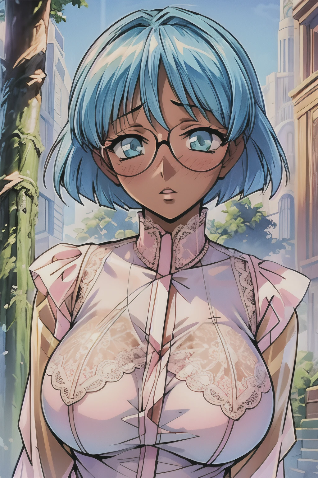 (masterpiece, best quality:1.2),Bobby Lou Lowal,1 girl, alone,Exquisite hair color，short hair，( Wearing transparent lace pajamas:1.2)，too big,glowing skin，dark skin，wear glasses（（（scared expression）））blush，pastel tones，超big breasts,big breasts，large breast size，big breasts, Breasts are very，pink lips