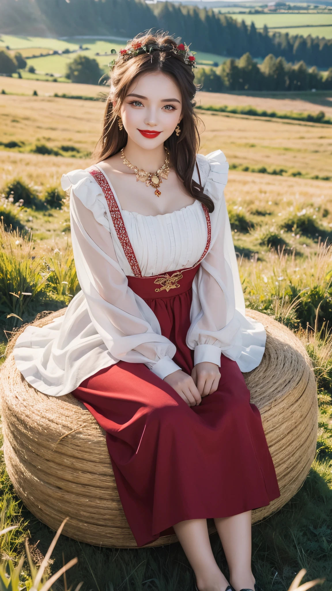 beautiful girl, russian makeup, russian girl, red lips, smiling, peasant outfit, sitting on a bundle of straw, field landscape,