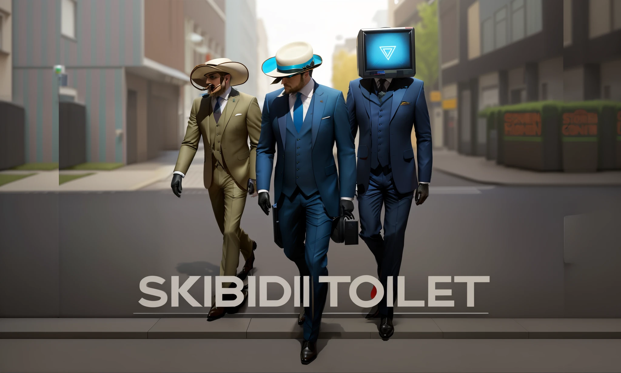 there are three men in suits and hats walking down the street, shit, gaming toilet, toilet, stefan koidl, new album cover, album cover, album cover concept art, sid, promo art, sicko, overload, album cover!, gaming chair as a toilet, rgb gamer toilet, internet meme, stefan koidl inspired, sofubi