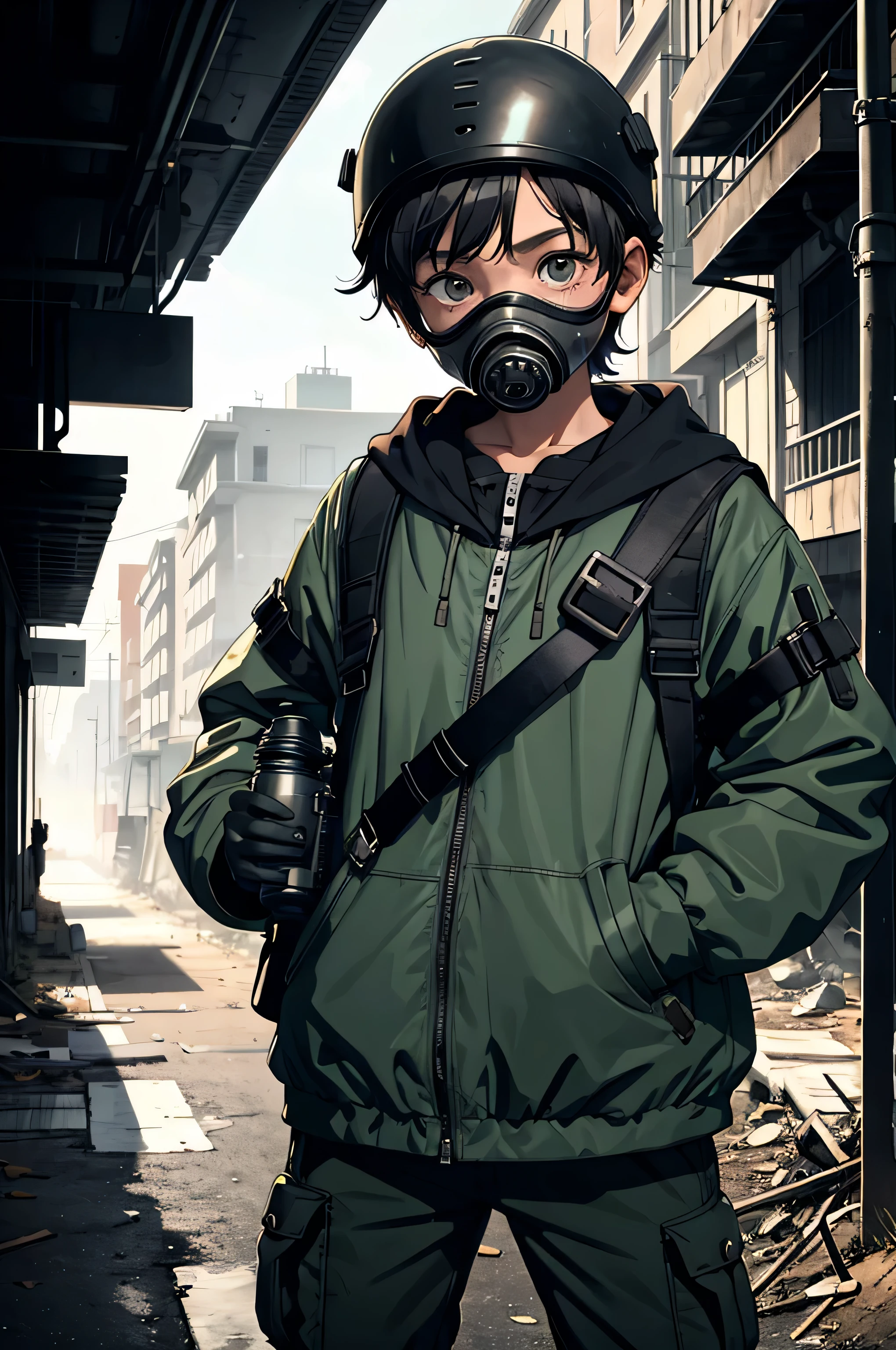 apocalyptic ??? a 10 year old boy wearing gas mask