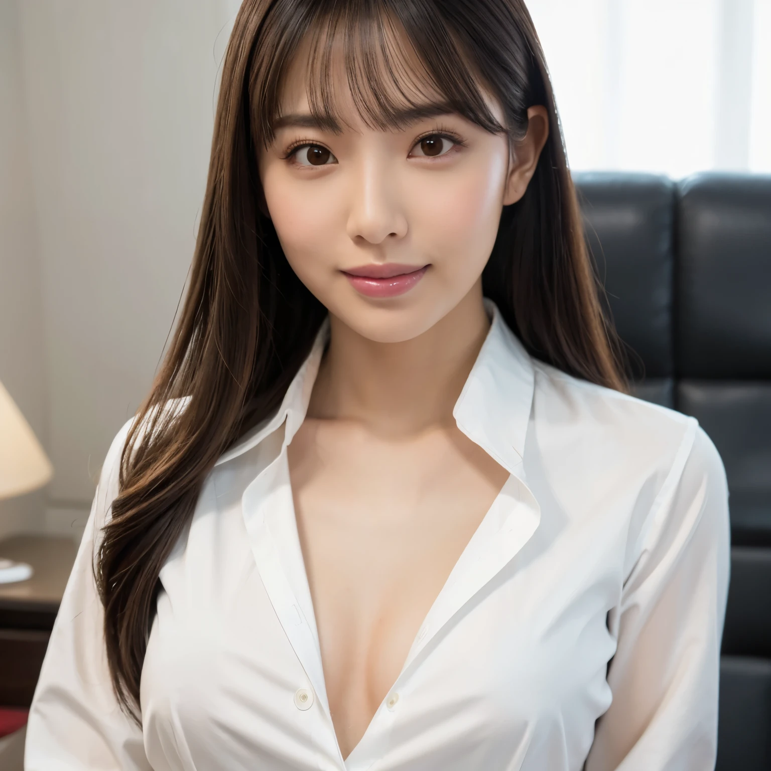 (highest quality、table top、8k、best image quality、Award-winning work)、1 beautiful woman、(formal straight medium hair:1.1)、(wearing a perfect white shirt made of polyester:1.1)、(Perfect and precise polyester long sleeve shirt:1.1)、smile looking at me、(big breasts:1.1)、(emphasize body line:1.1)、(Above the chest photo 1.2)、(A woman perfectly positioned in the center of the screen:1.1)、(look straight at me from the front:1.1)、(Upright posture facing me directly:1.3)、(Stand upright and face straight ahead.:1.3)、elegant makeup、Ultra high definition beauty face、ultra high definition hair、Super high-definition sparkling eyes、Super high resolution glossy lips、accurate anatomy、very beautiful skin、Super high-definition glowing beautiful skin、(Simple background in pure white:1.3)、(The most elegant and perfect frontal upright posture:1.2)