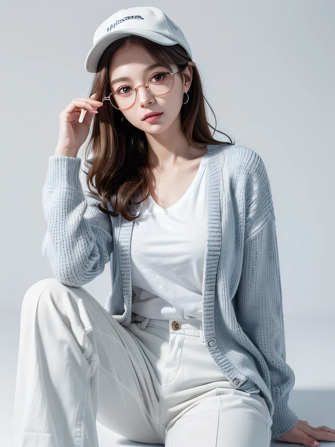 (highest quality, High resolution, masterpiece :1.3), beautiful adult woman, Horizontal eyes, ((pure white background)), (Please wear a white shirt, wearing a light blue cardigan, wearing white wide pants, wear sneakers, Wear a hat, round glasses), (loose wavy gray bob hair), ((Accurately express details such as faces and skin textures)), take a pose, look away,