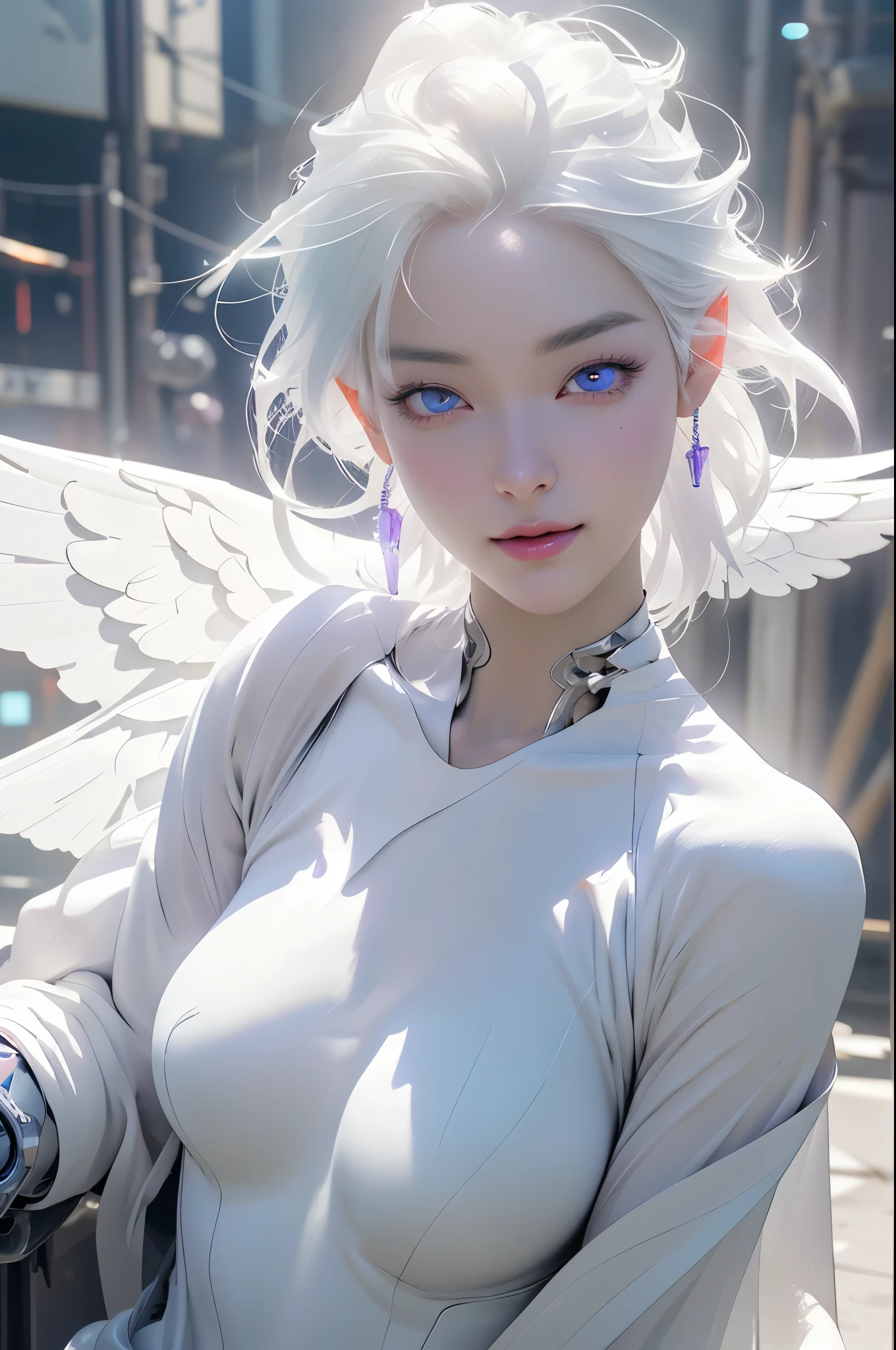 top quality、Masterpiece、ultra high resolution、(Realism:1.4)、original photo、battle angel、large wings made of metal、White porcelain body、Acrylic transparent cover、white hair、shiny skin、1 robot girl、((Super realistic details))、Potrat、global illumination、shadow、octane rendering、8k、Super sharp、character rim light,huge 、Bare raw skin at cleavage、Intricate jewelry details、Double Z Gundam details、Hydraulic cylinder、small LED light、Highly intricate details、realistic light、purple eyes、radiant eyes、face camera、Neon details、cowboy shooting、futuristic headwear、About cyberpunk、、