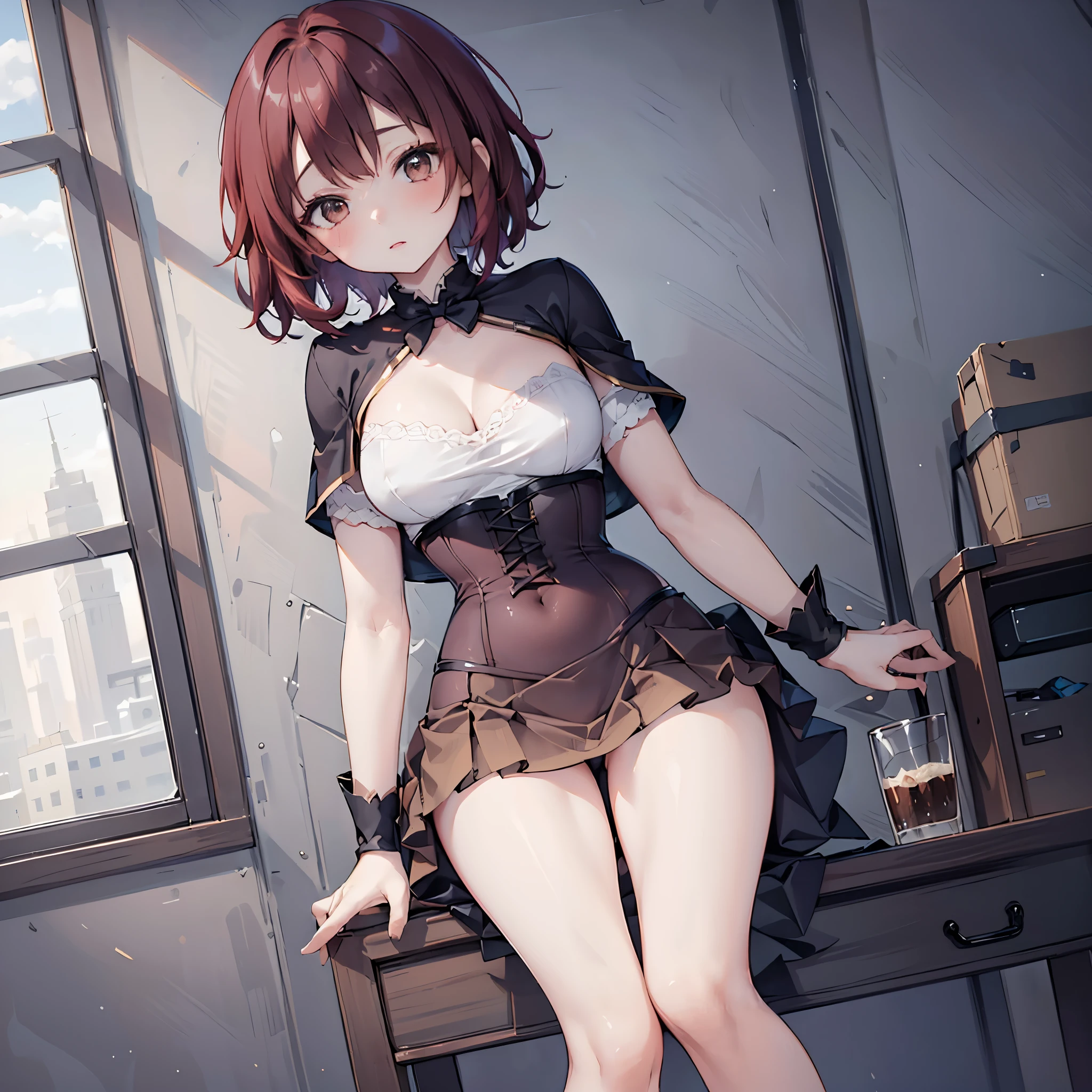 (solo 1 skinny girl:1.5), (the middle ages:1.3), (short red hair:1.5), (short dress:1.3), (plunging neckline), (wiry corset emphasize cleavage:1.1), (very short torso:1.3), (inconceivably thin narrow waist), short (brown capelet:1.3), BREAK, (flapping very short brown skirt:1.3), emphasize thigh gap, (thin long legs), nose blush