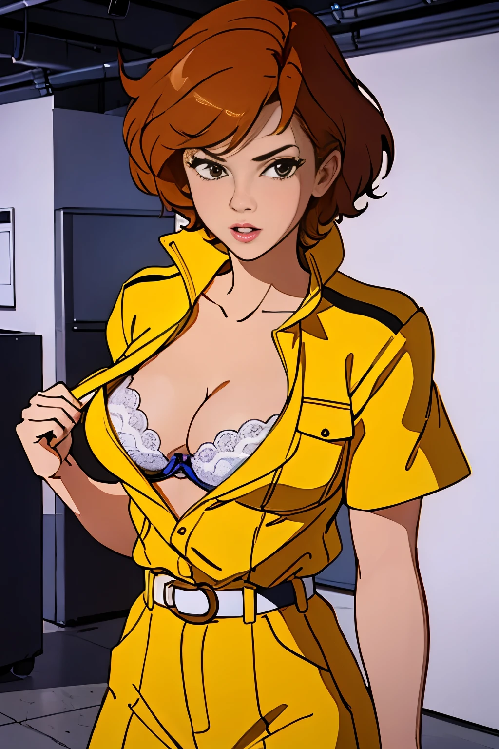 cowboy shot, april o'neil, 1980s \(style\), 1girl, brown hair, orange hair, retro artstyle, short hair, solo, yellow jumper suit, unbutton_shirt, (white bra slip:1.2), medium_breasts, cleavage