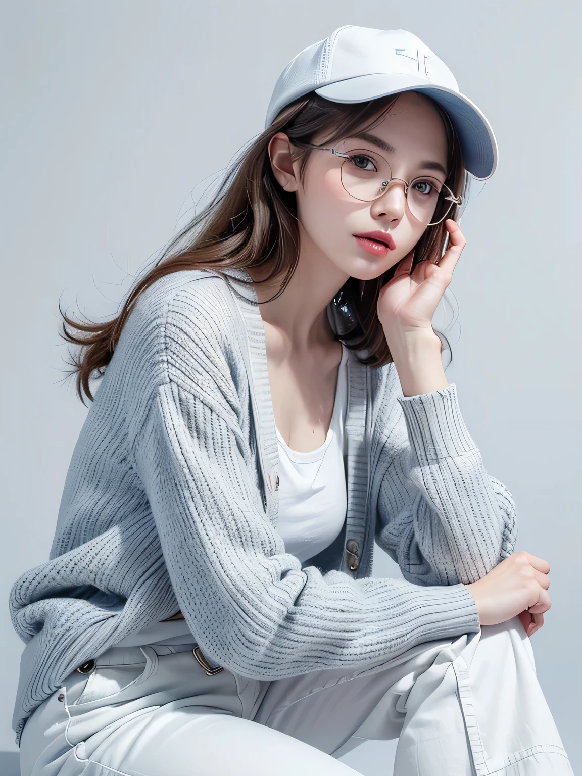 (highest quality, High resolution, masterpiece :1.3), beautiful adult woman, Horizontal eyes, ((pure white background)), (Please wear a white shirt, wearing a light blue cardigan, wearing white wide pants, wear sneakers, Wear a hat, round glasses), (loose wavy gray bob hair), ((Accurately express details such as faces and skin textures)), take a pose, look away,