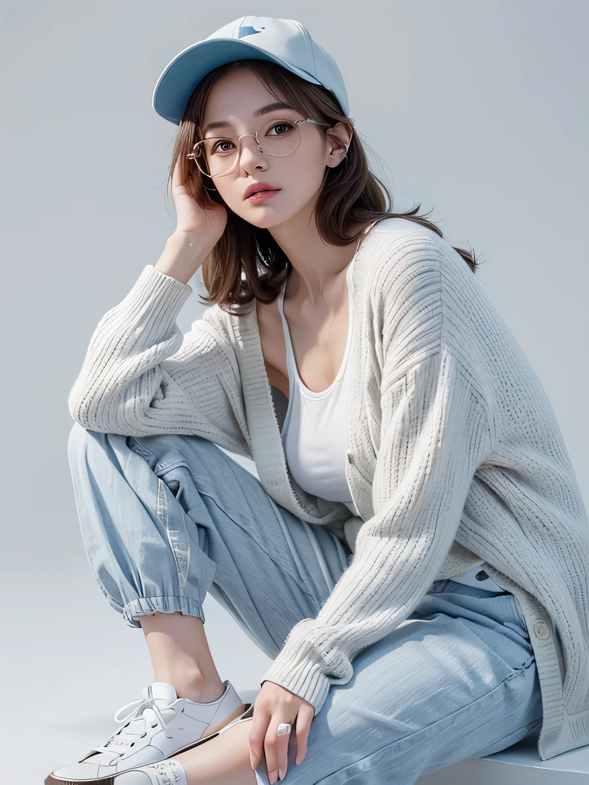 (highest quality, High resolution, masterpiece :1.3), beautiful adult woman, Horizontal eyes, ((pure white background)), (Please wear a white shirt, wearing a light blue cardigan, wearing white wide pants, wear sneakers, Wear a hat, round glasses), (loose wavy gray bob hair), ((Accurately express details such as faces and skin textures)), take a pose, look away,