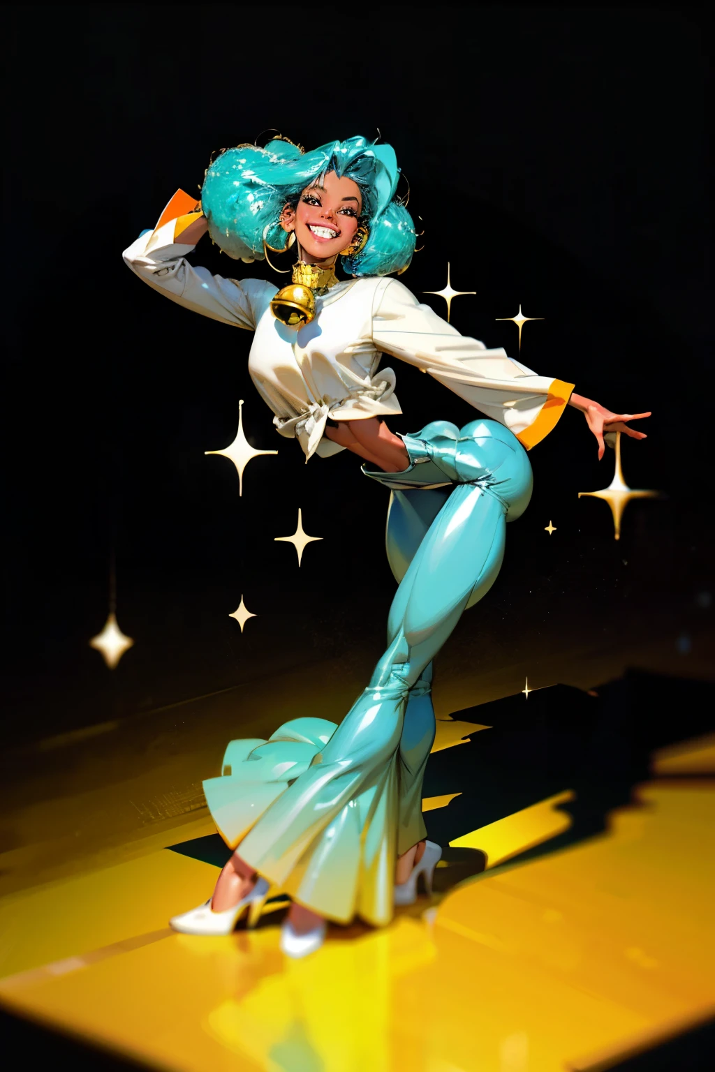 ((masterpiece,best quality)), absurdres,
Vados_DB, solo, ponytail, blue skin, smiling, curvy, split dress, thigh,
space in background, cinematic composition,