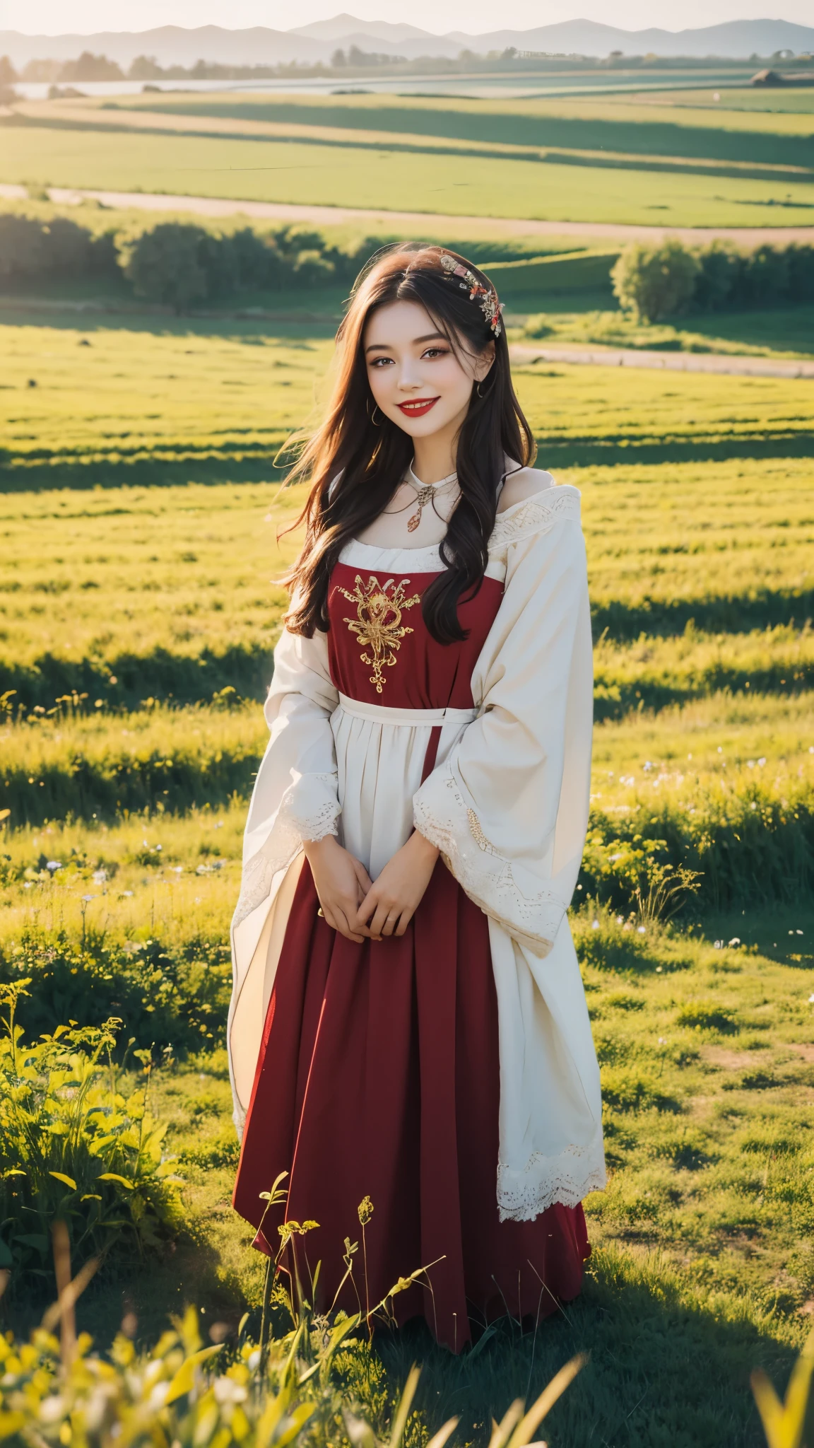 beautiful girl, russian makeup, russian girl, red lips, smiling, peasant outfit, standing in the middle of the field, field landscape, bundle of straw,
