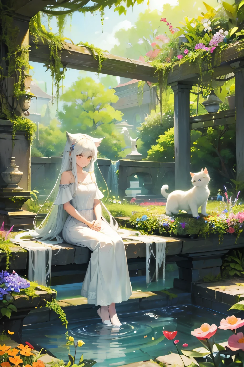 In the tranquil serene of a secluded garden, two enchanting girls, adorned with black cascading locks, sit in harmony beside each other. Their luminescent white eyes brightly reflect the gentle softness of the surroundings, casting an ethereal glow upon their enchanting features. Two fluffy white cats gracefully wander around them, exploring the lush greenery that fills the space between the girls. The felines' calm demeanor adds a touch of playful charm to the scene, creating an atmosphere of comfort and relaxation. The vibrant garden, painted in the finest detail, blooms with a rich array of colorful flowers, imbuing the image with a