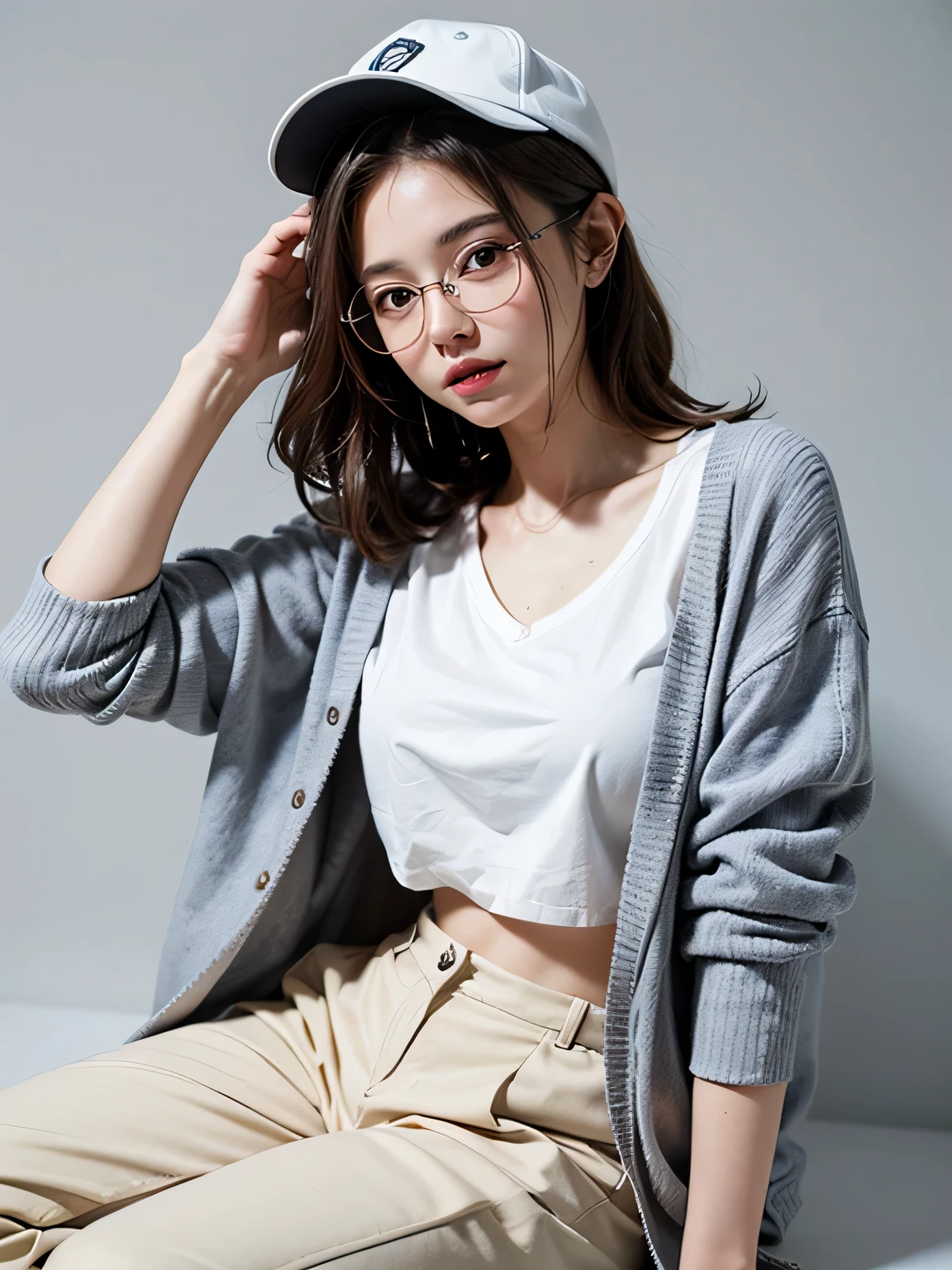 (highest quality, High resolution, masterpiece :1.3), beautiful adult woman, Horizontal eyes, ((pure white background)), (Please wear a white shirt, wearing a light blue cardigan, wearing white wide pants, wear sneakers, Wear a hat, round glasses), (loose wavy gray bob hair), ((Accurately express details such as faces and skin textures)), take a pose, look away,