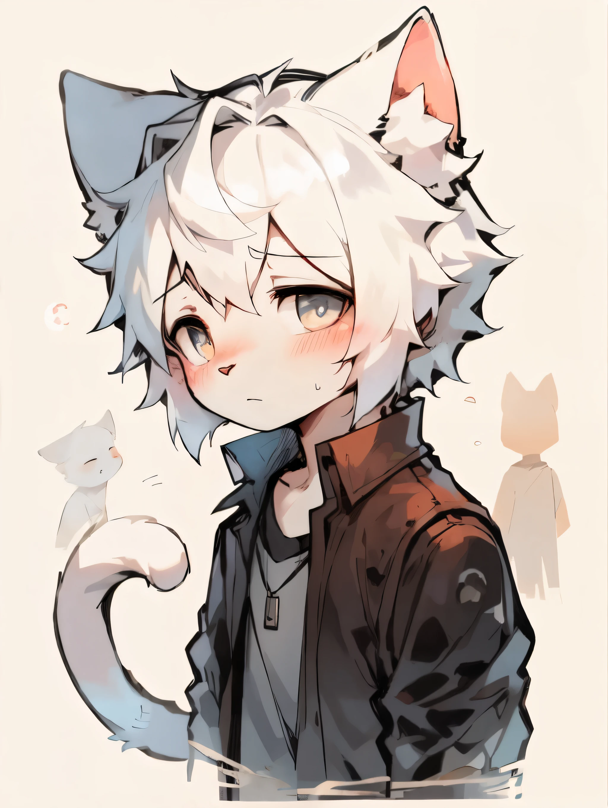 Cat ear，male，Lovely，white hair，sad