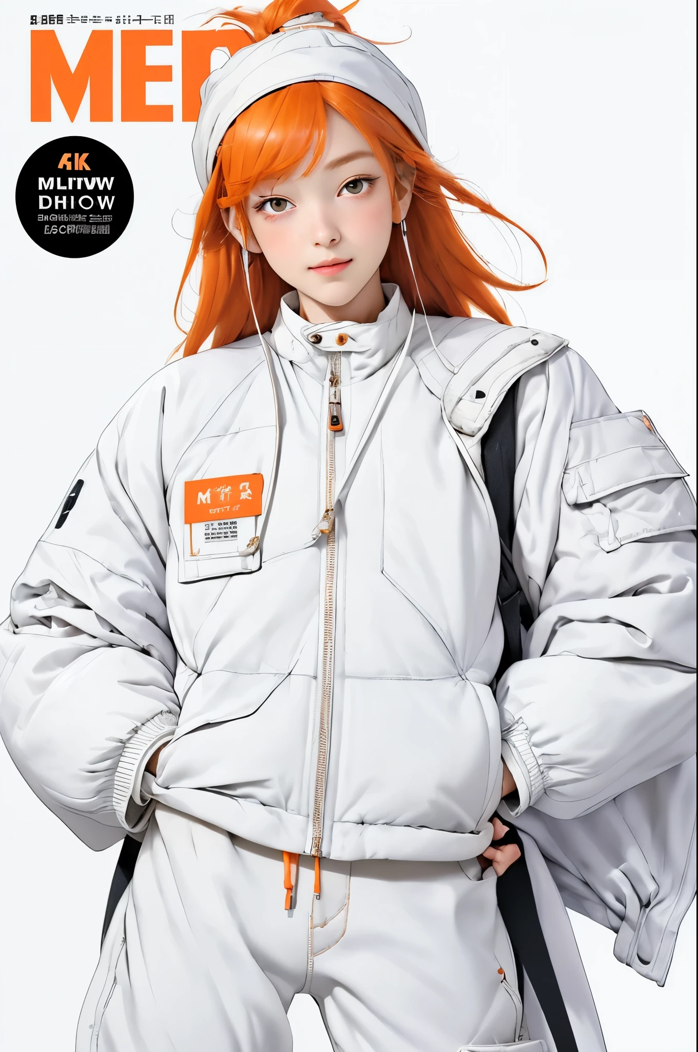 (magazine cover:1.4),1 girl,alone,Extremely detailed CG unified 8k wallpaper,illustration,Lens 135mm,masterpiece, best quality,Young girls,naughty face,boring,(White background:1.5),Cowboy shooting,simple background,masterpiece, best quality,, masterpiece, best quality,Headband,direct,Orange hair,twice as good,ahog,Bangs,hands in pockets,orange eyes,open lips,blush,Pants,hairpin,(white down jacket:1.5),(baggy clothes:1.4),messenger bag,, masterpiece, best quality,