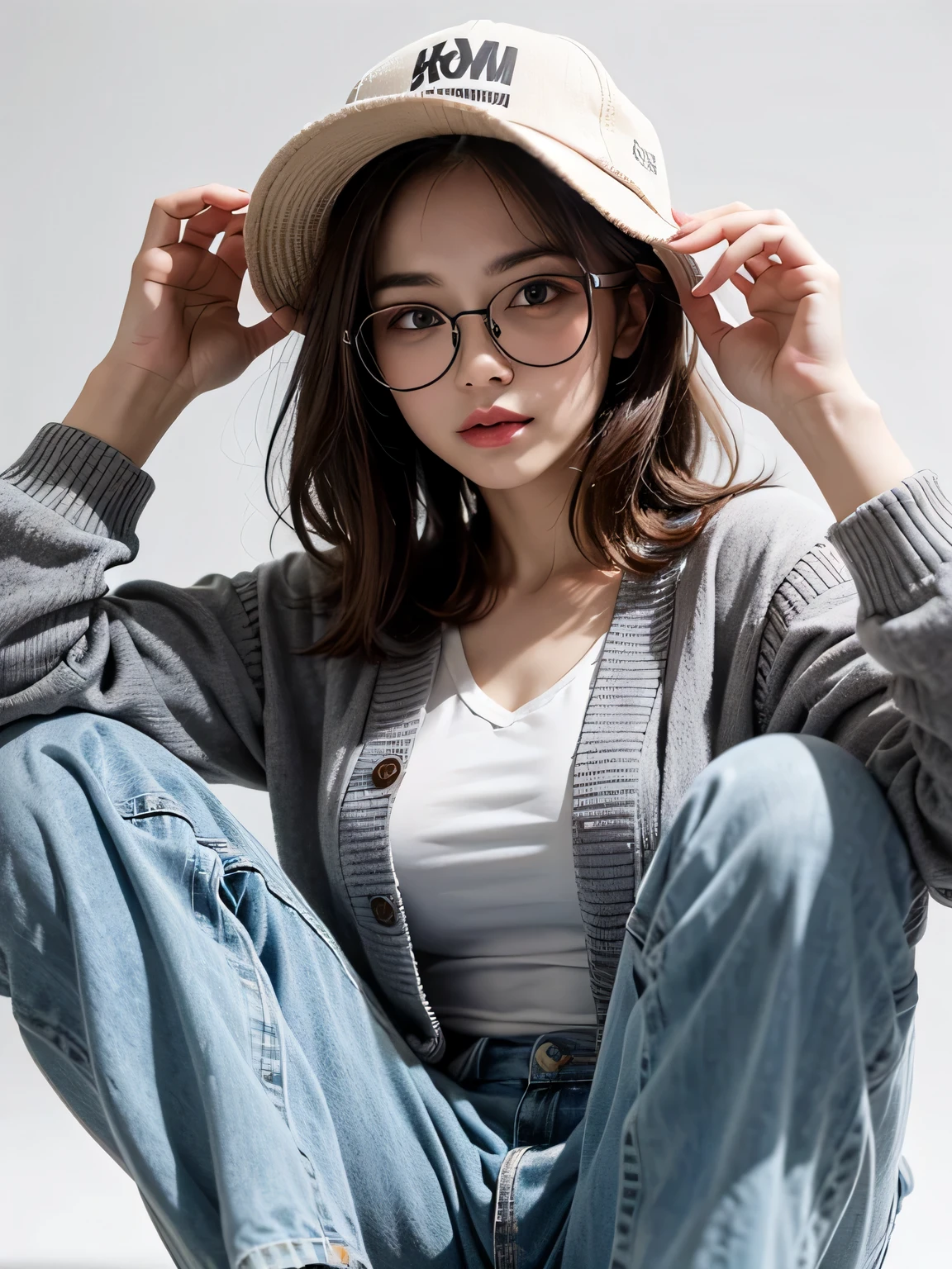 (highest quality, High resolution, masterpiece :1.3), beautiful adult woman, Horizontal eyes, ((pure white background)), (Please wear a white shirt, wearing a light blue cardigan, wearing white wide pants, wear sneakers, Wear a hat, round glasses), (loose wavy gray bob hair), ((Accurately express details such as faces and skin textures)), take a pose, look away,
