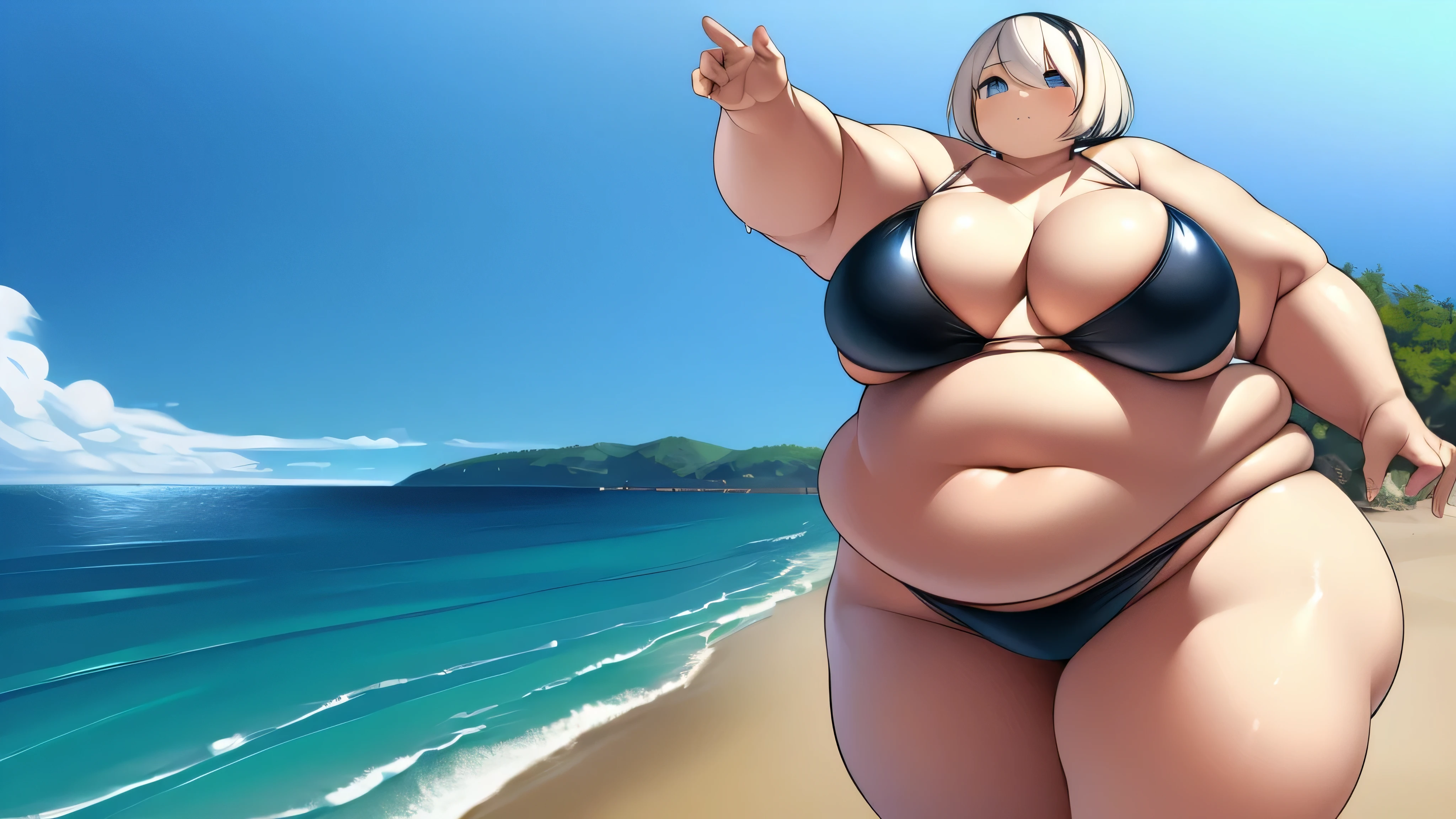 1 garota, 2b, nier automaton, small black bikini, neutral expression, obeso, barriga enorme, coxas gordas, Seios rechonchudos, entrando em um restaurante em uma praia muito ensolarada, abrindo a porta da frente, detalhado, detalhado face, pele brilhante, pele molhada, anatomia perfeita