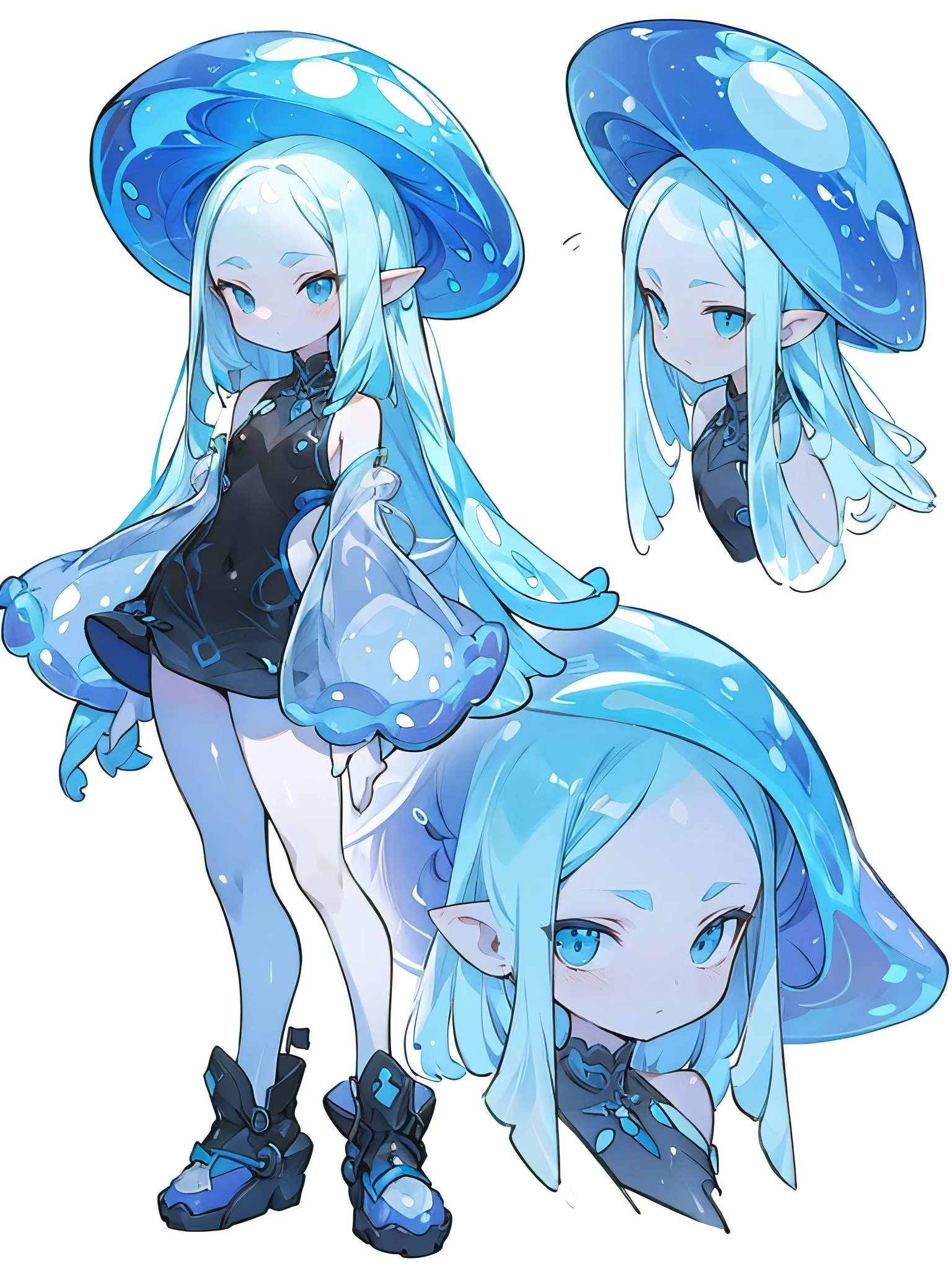 vibrant jellyfish girl, cartoon wakfu style, character sheet, character design, concept art, detailed, best quality, white background, 32k uhd