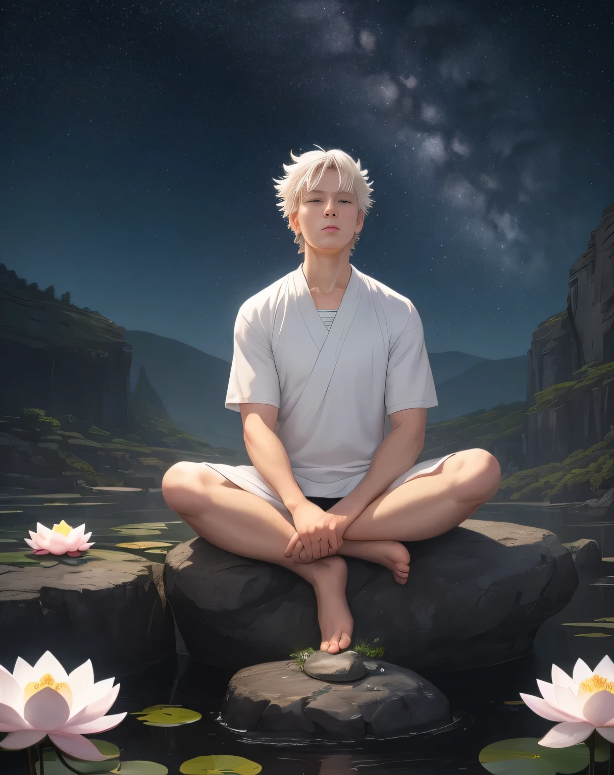 A brown-haired boy wearing white clothes meditates、Practiced,anime background,on the rock,Lotus flower,shining starry sky,HD quality,the image is clear