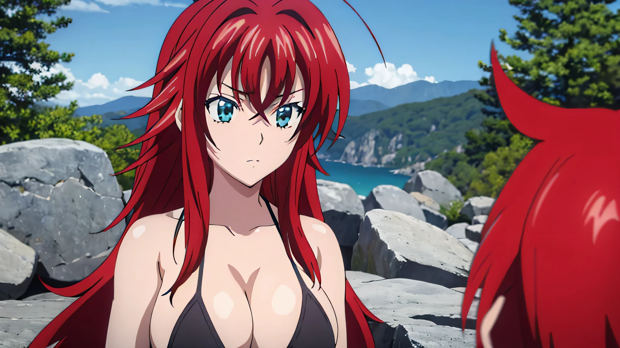 (((picture perfect))), (absurdres), 1girl, solo, rias gremory, shy face, ((upper body)), (large breasts), ((wearing black micro bikini))