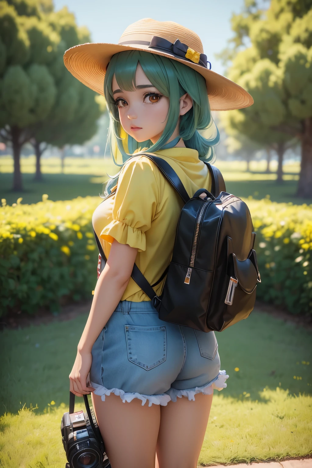 garota de anime com um (((mochila amarela))) e (((quatro cachorros em um campo de coqueiros))), ((((garota de olhos azuis)))), (((A is wearing a hat))), arte digital detalhada fofa, adorable digital painting, ((((camera in front of the character)))), obras de arte no estilo de guweiz, estilo anime 3 d realista, estilo animed 3d, 3d rendering of a cute anime girl, made with anime painter studio, estilo anime. 8K, arte em artstation, visual de anime de uma linda garota,