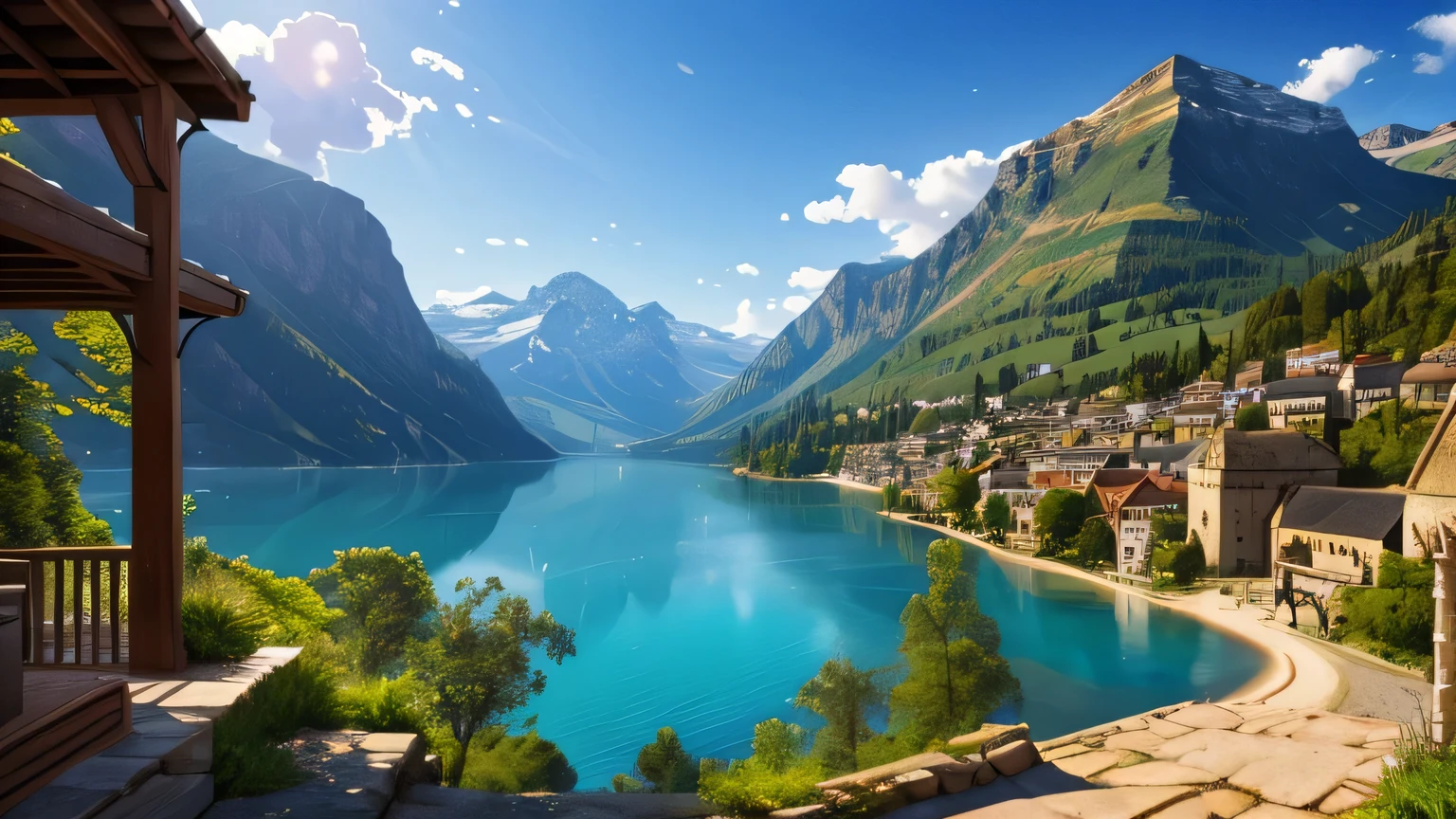 dungeons and dragons landscape image high quality 4k medieval town built around the shore of a shining lake