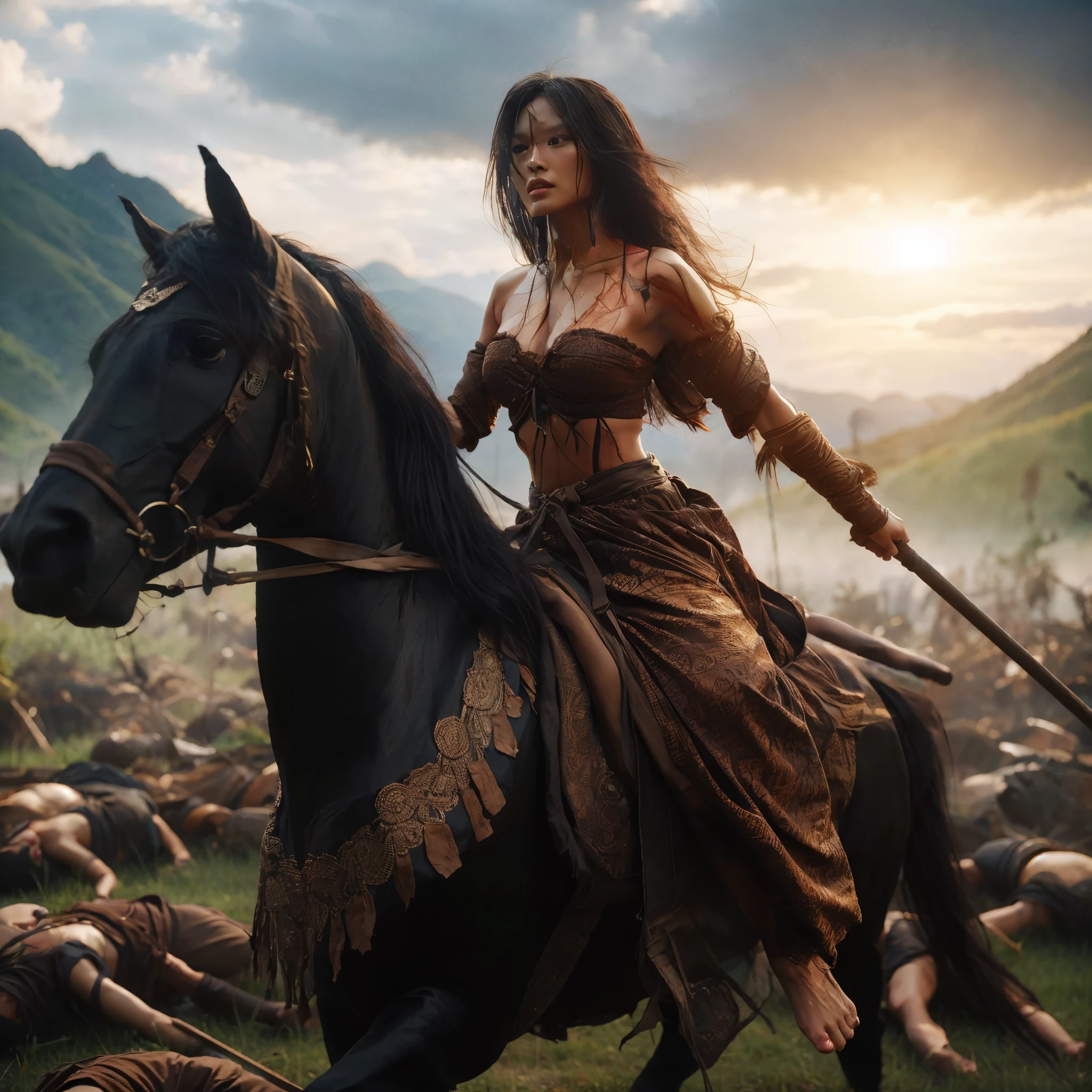 super low angle shot,beautiful Asian warrior woman,brown skin,black long hair,sweating,scratches,shout
riding a black Morgan horse is legs raised into the air,a brown cloth,wearing a batik patterned trouser loincloth and a thin brown shawl,holding a spear,shoulders wearing ethnic patterned gold accessories,background of thousands of enemies sleeping on the floor,battlefield,mountains,grass,smoke,ultra detailed on face,light focused on face,sunset,hyperrealistic,UHD32K.