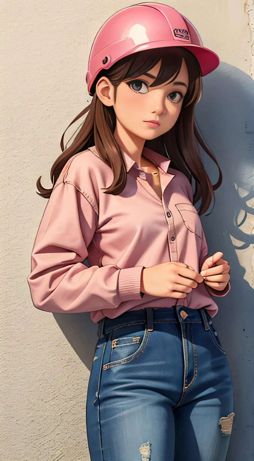 Female 25 years old, jeans作業服 つやのある肌, fine fabric texture, jeans、long sleeve shirt、pink helmet