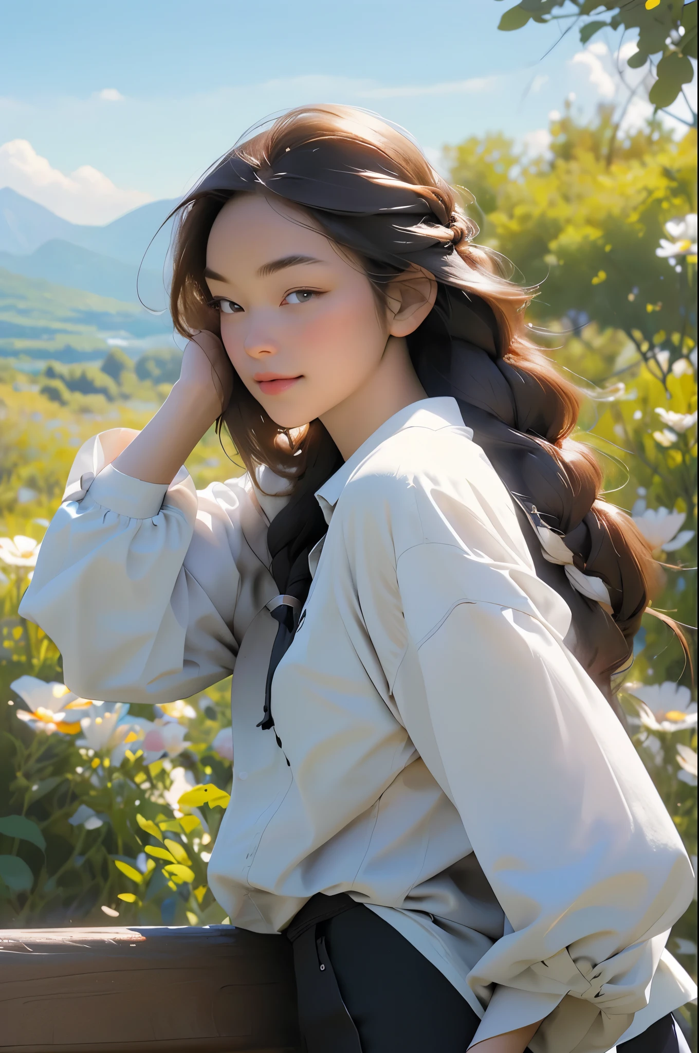 female student,alone,golden braid,real hair,hairline,sky sky,Cloud,that tree,mountains in the distance,depth of field,portrait,side view,sideways,Look up,look at sky,Half-length photo,record,official art,masterpiece,high quality,high resolution,