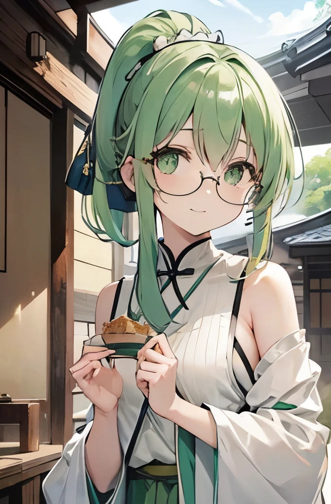 light green middle hair、pale green eyes、ponytail、private server、shoulder off knit、、、back view、、small breasts、smiling、glasses、Eating around、eating dumplings、arms raised、Kyoto、ancient folk house