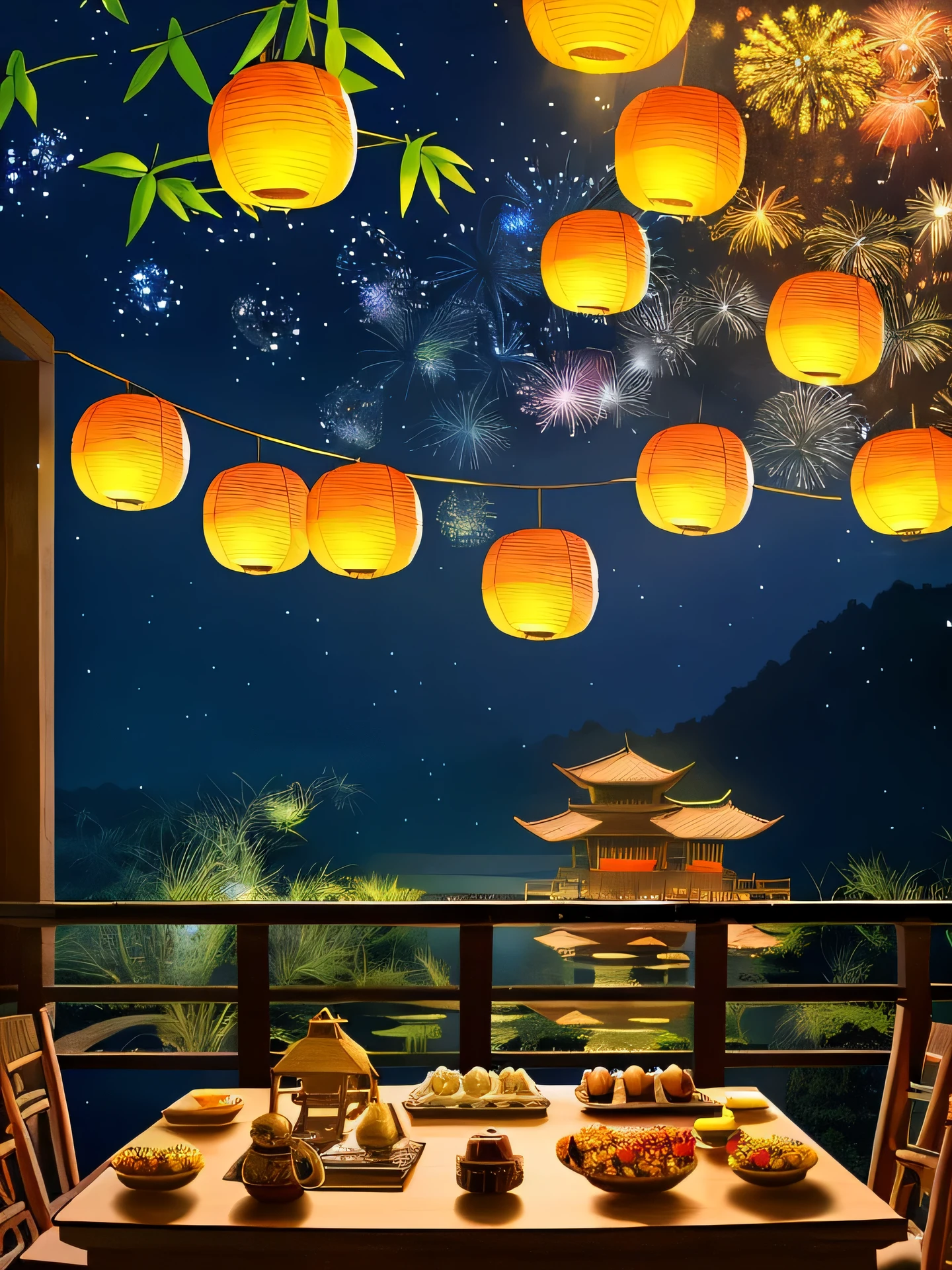 Mid-Autumn Festival、full moon、moon，Star，Mooncake stalls、lights will turn on、fireworks、delivery、celebrate、environment、square、bamboo lantern、night、celebrate、artistically、device、Deco、resource，high definition resolution